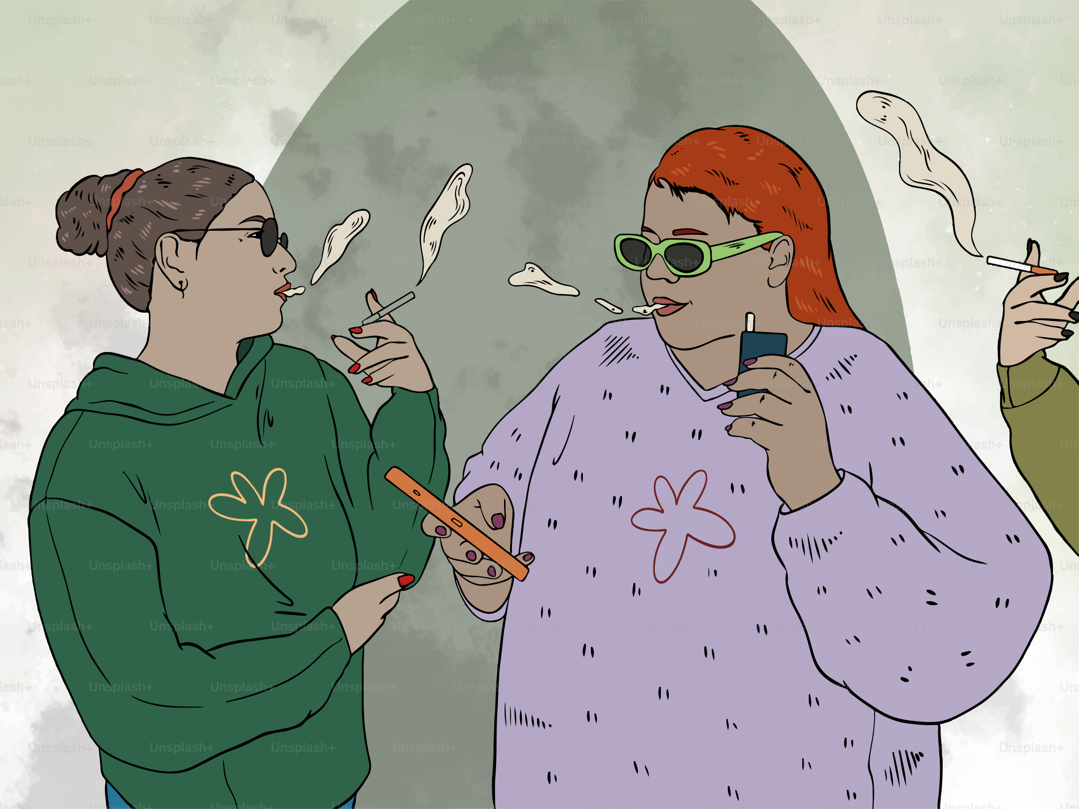 People smoking and vaping together in the illustration.