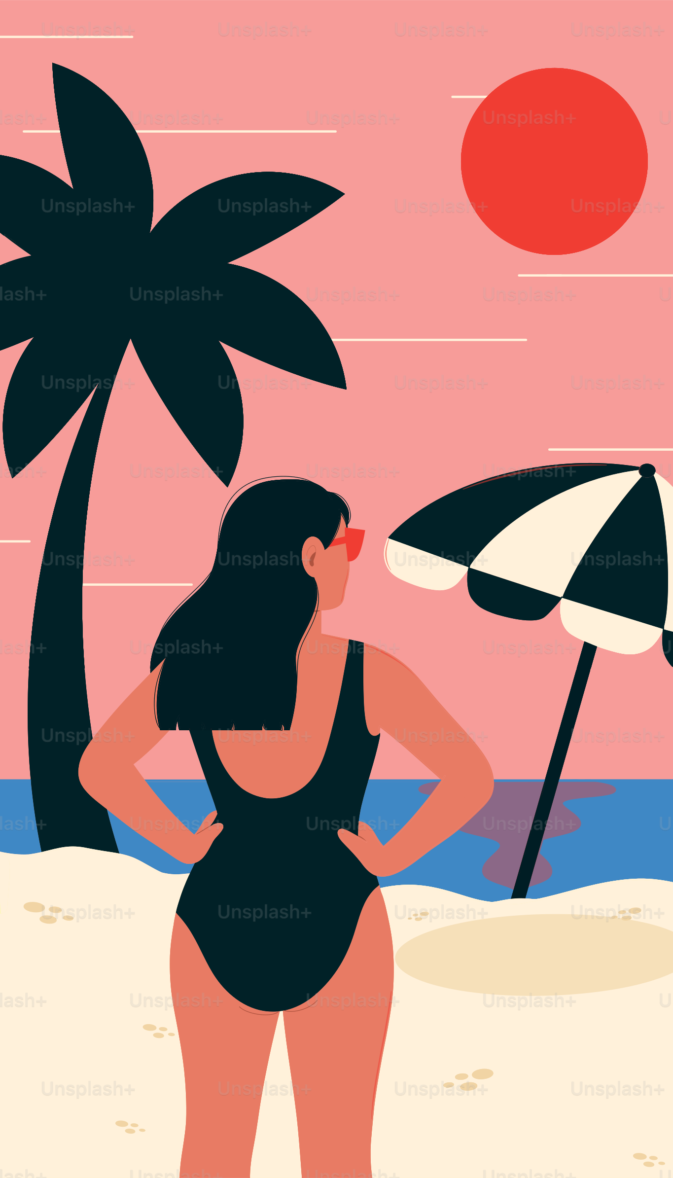 Femme sur la plage profitant de la vue du coucher de soleil.