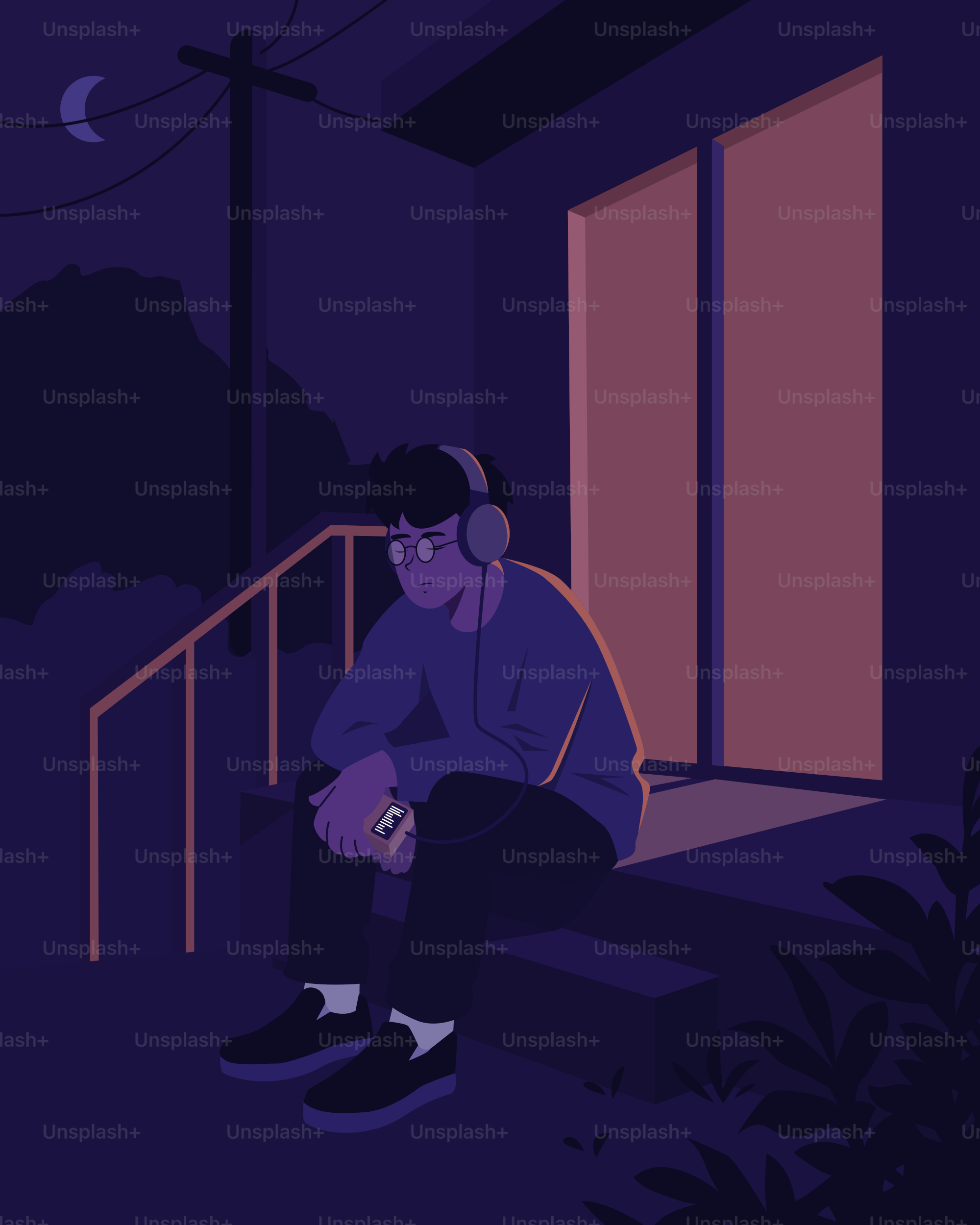 A person listens to music outside at night.