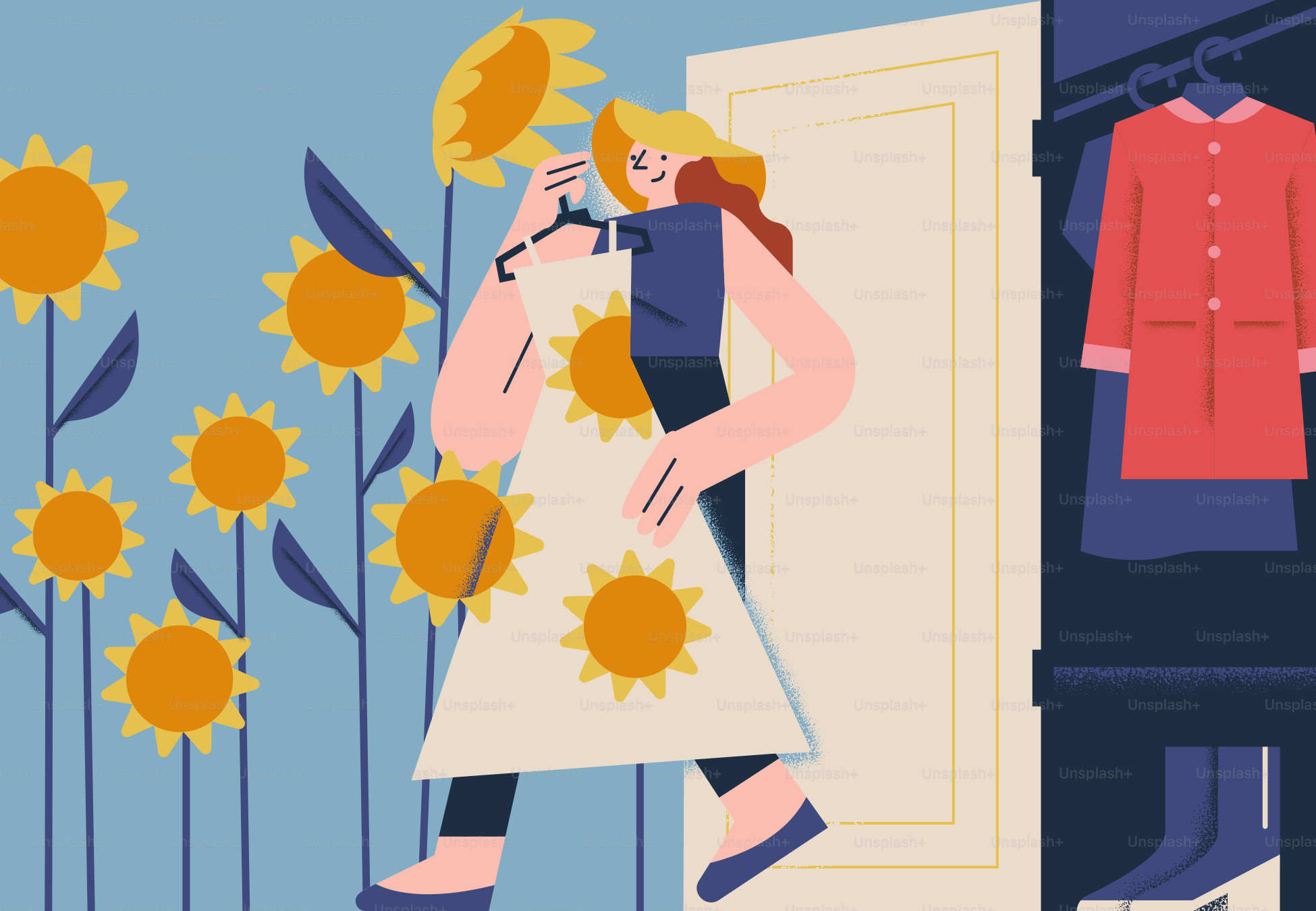 Woman exits a closet, holding a sunflower dress.