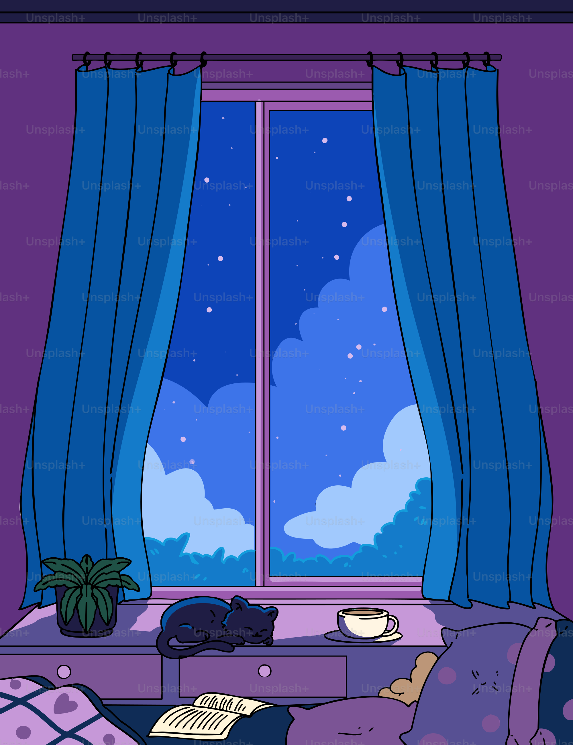 밤하늘이 보이고 잠든 고양이가 있는 아늑한 방.