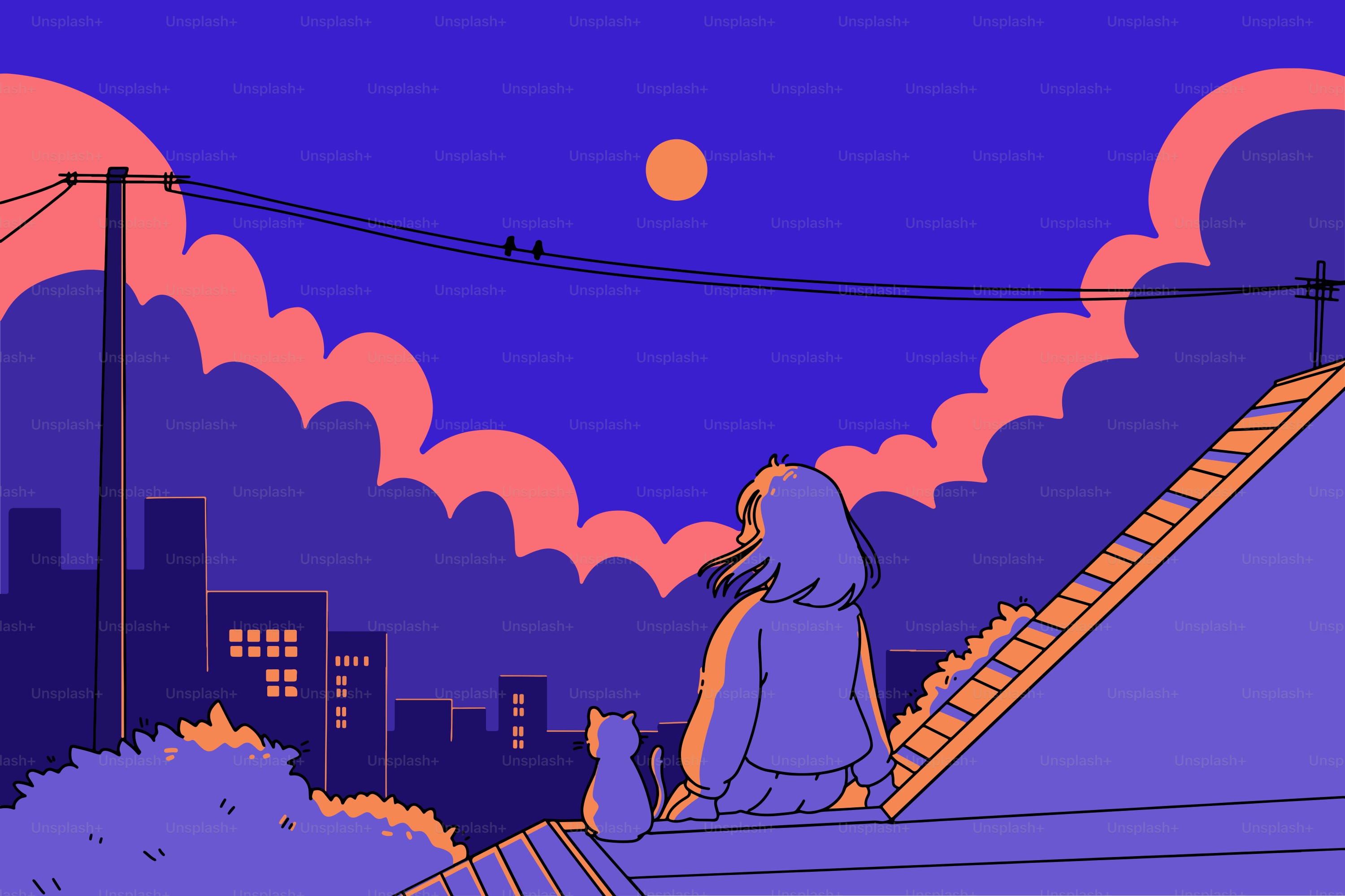 Ein Mädchen und eine Katze bewundern den Sonnenuntergangshimmel.