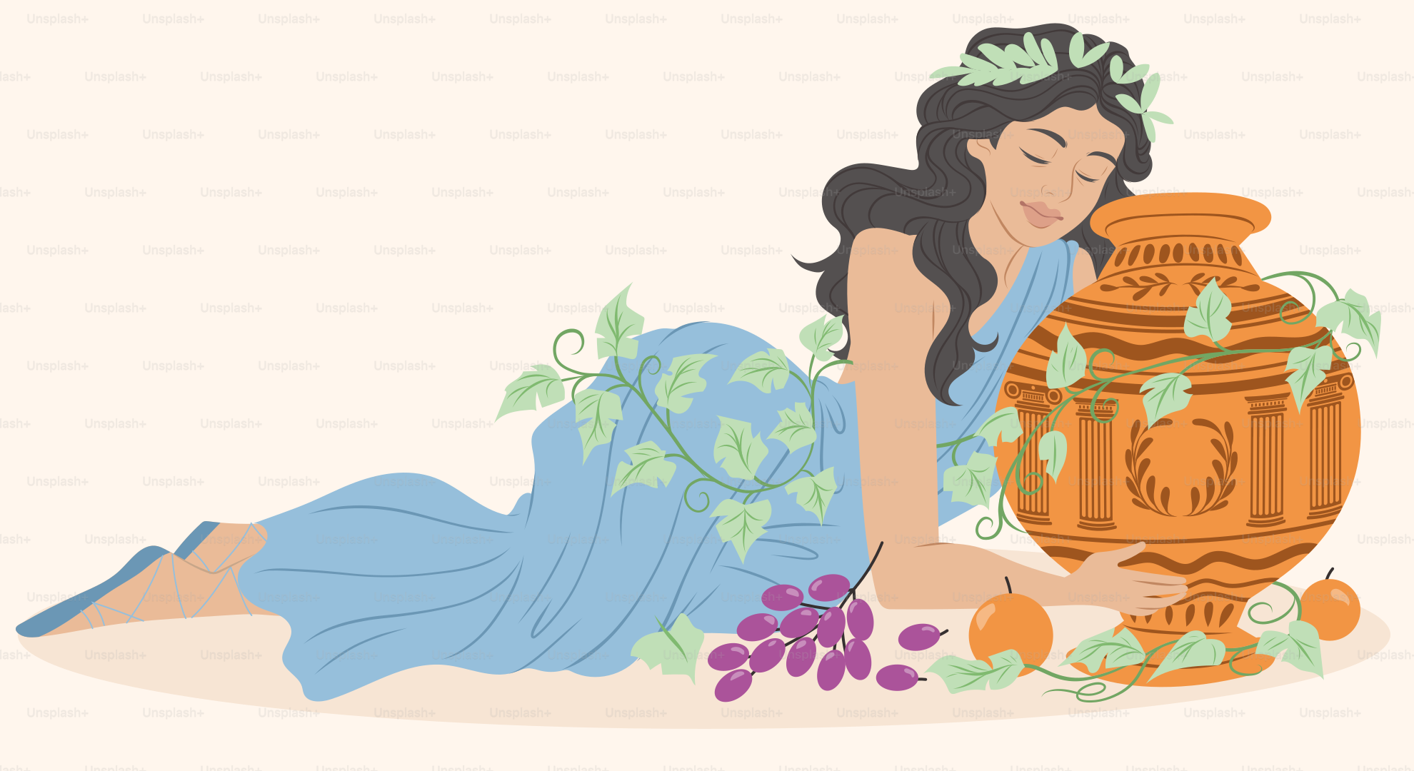 A greek goddess reclines with a large pot.