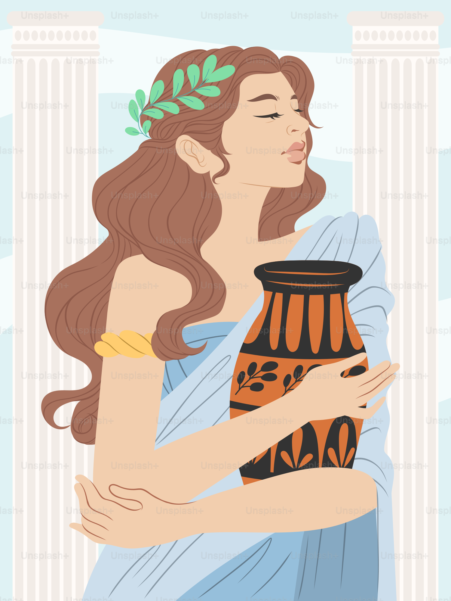 A classical woman holds a decorated vase.