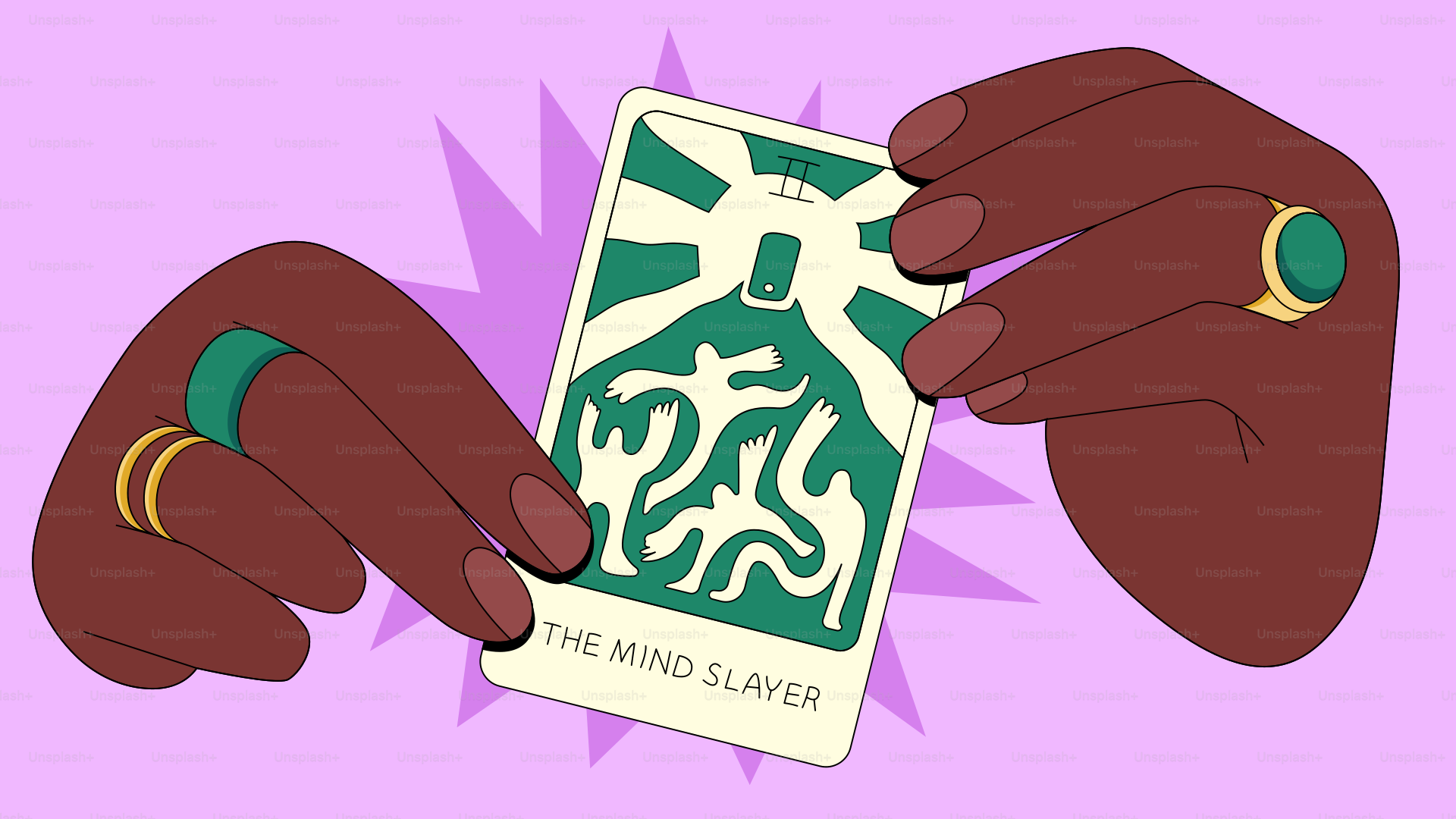 Le mani tengono una carta dei tarocchi con la scritta "l'uccisore di menti".