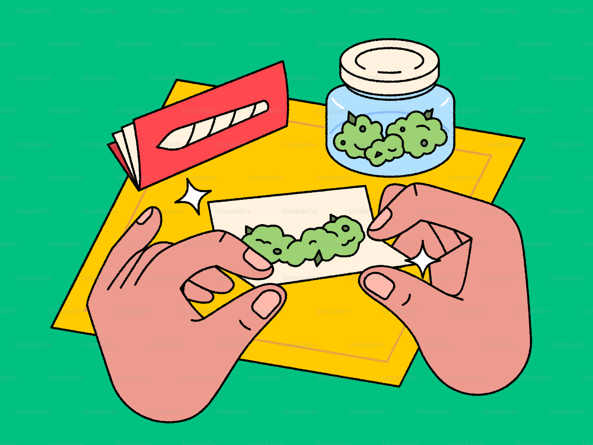 Hands rolling a joint with cannabis.
