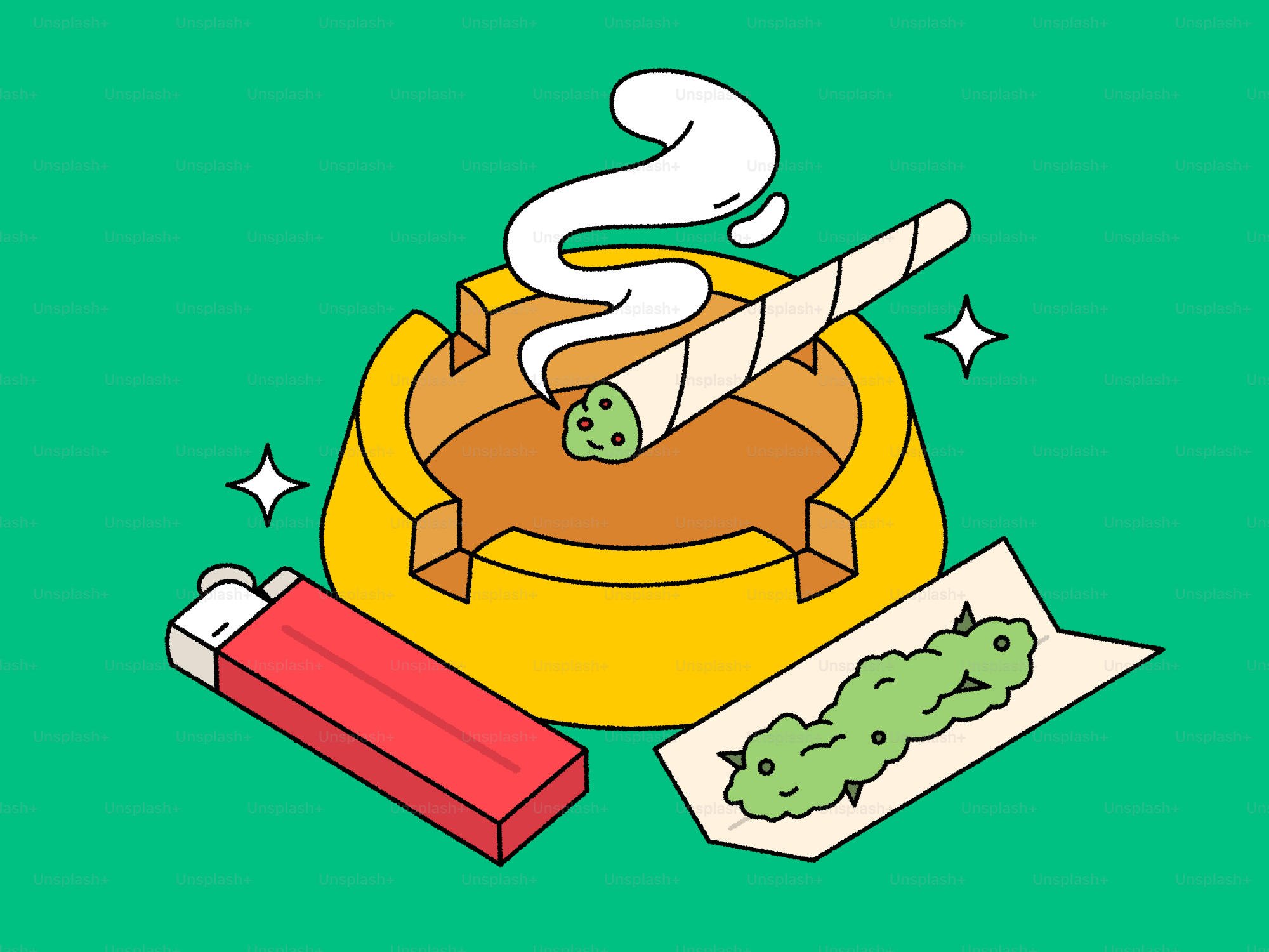 A lit joint with lighter and cannabis on paper.