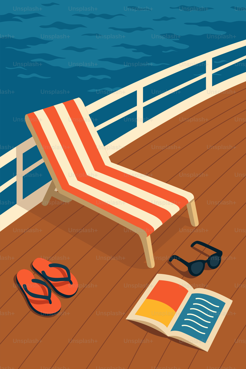 Relaxing on a deck by the sea.