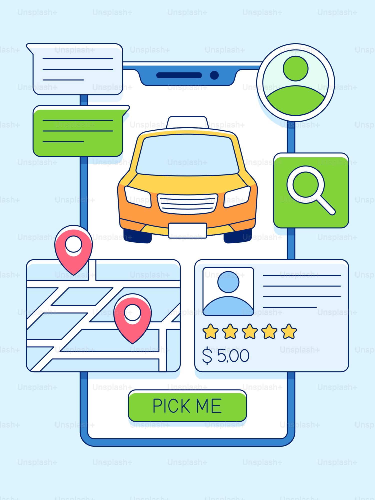 Interfaz de aplicación móvil para un servicio de taxi.