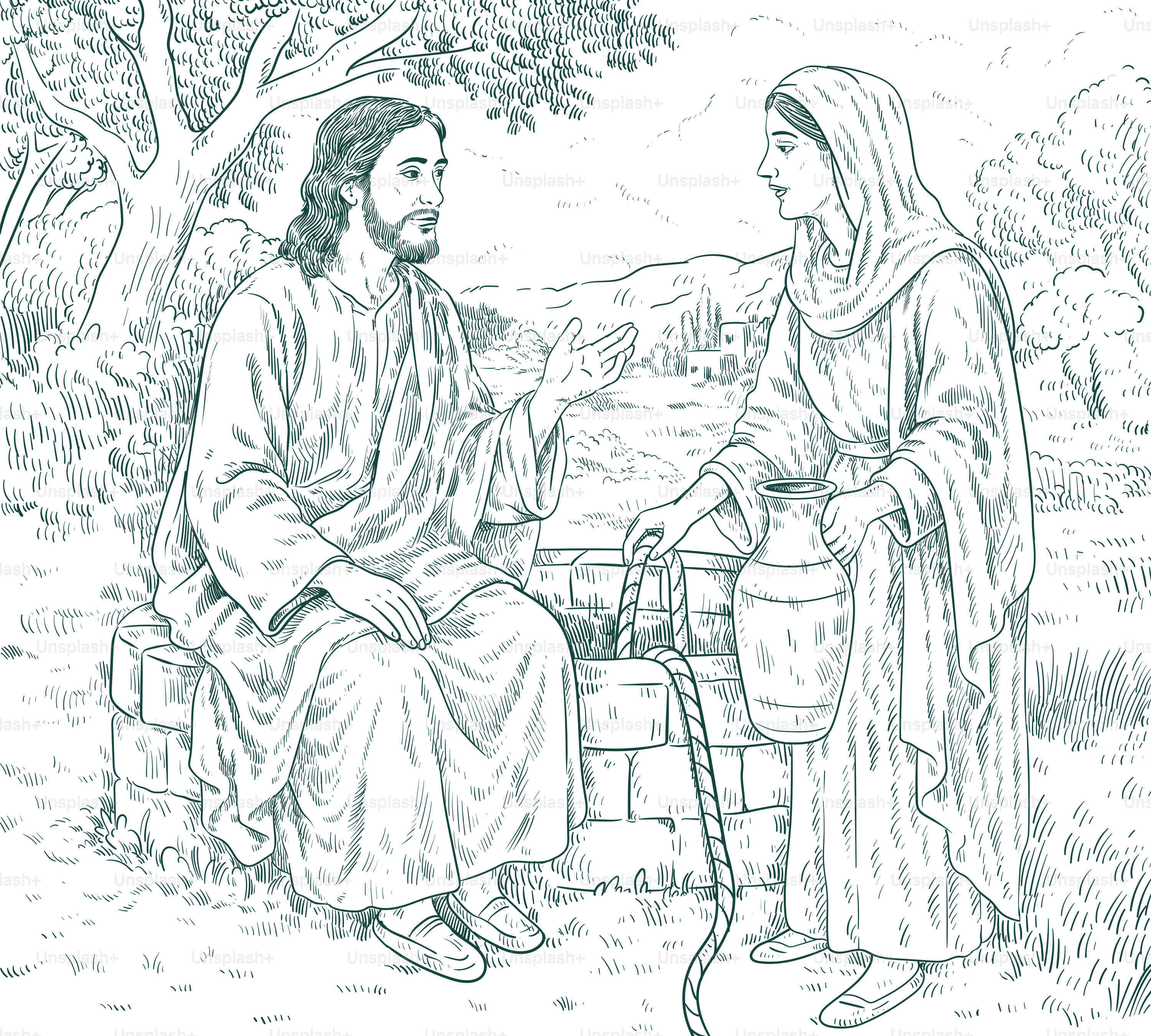 Jesus speaks with the samaritan woman at the well.