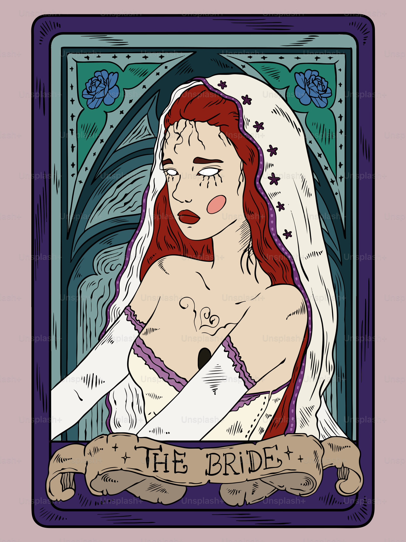 Una carta de tarot de novia espeluznante con una estética inquietante.