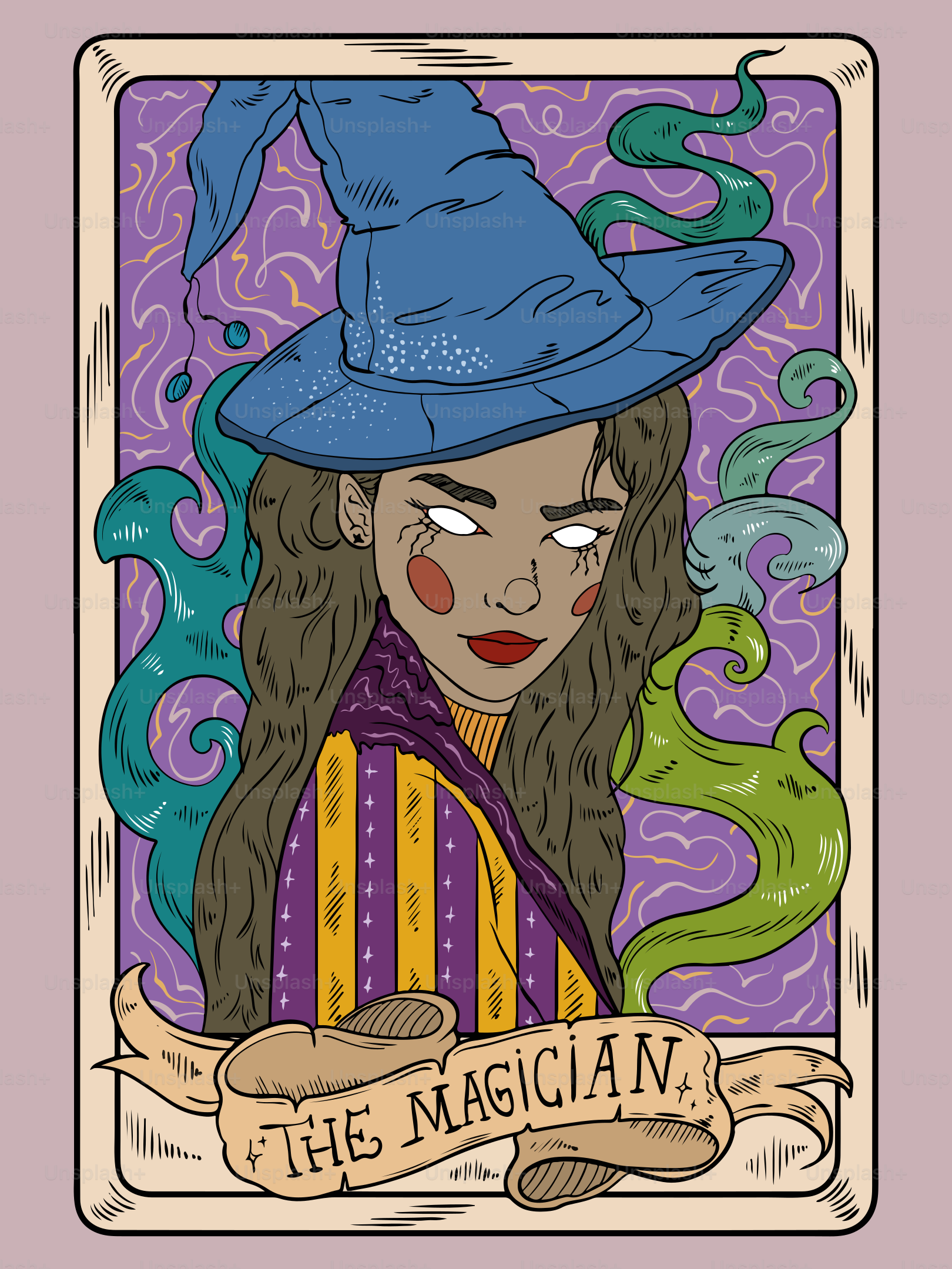 The magician tarot card art, depicting a witch.
