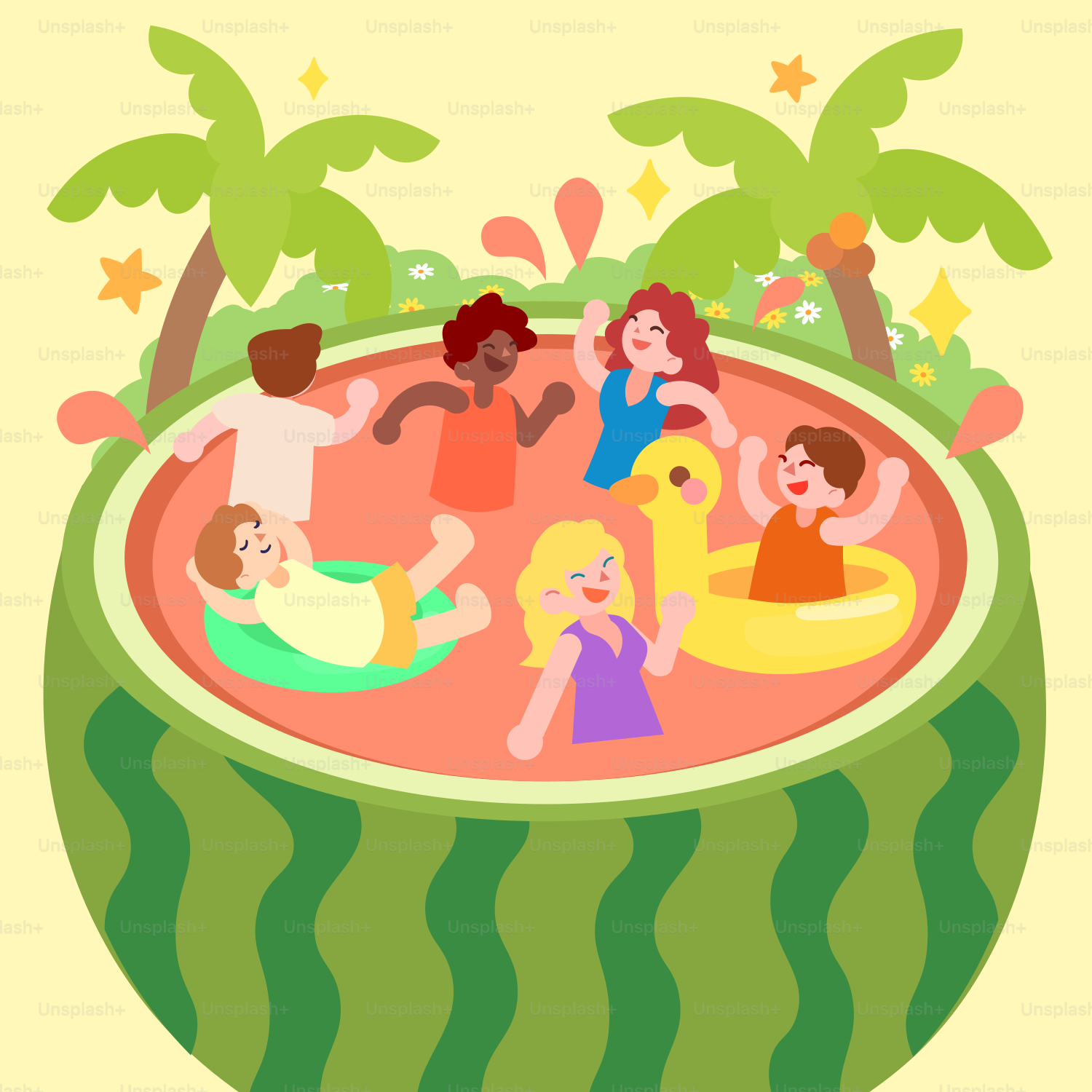 Die Leute genießen einen Pool in einer Wassermelone.
