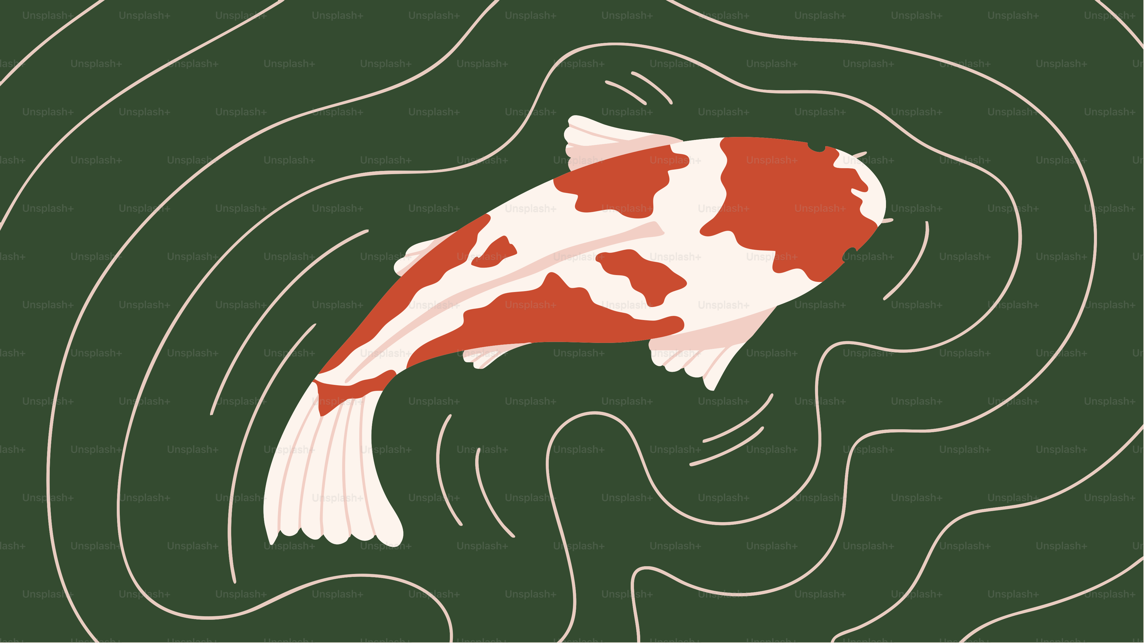 A koi fish swims in a serene pond.