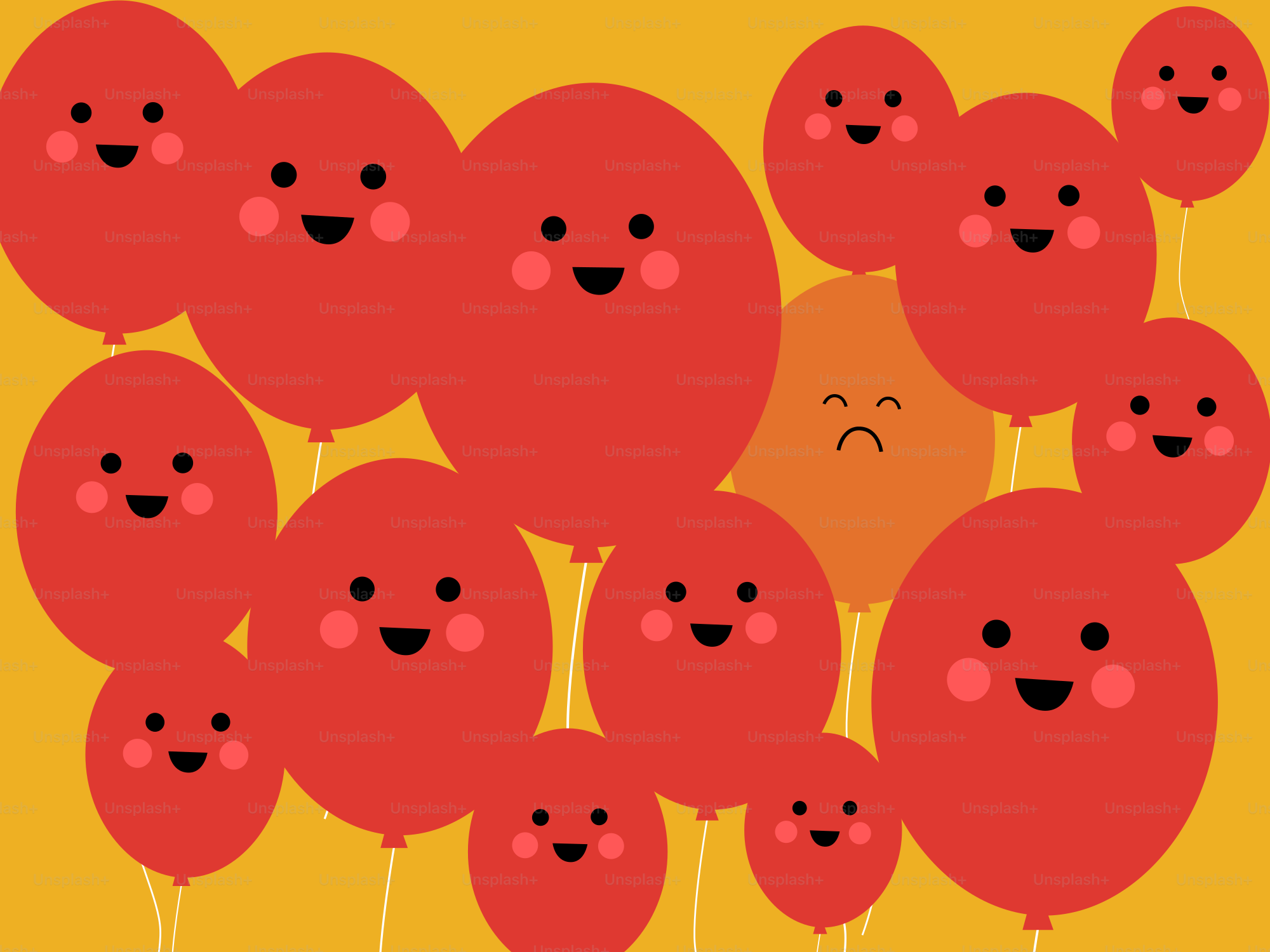 Palloncini rossi felici ne circondano uno solo triste.