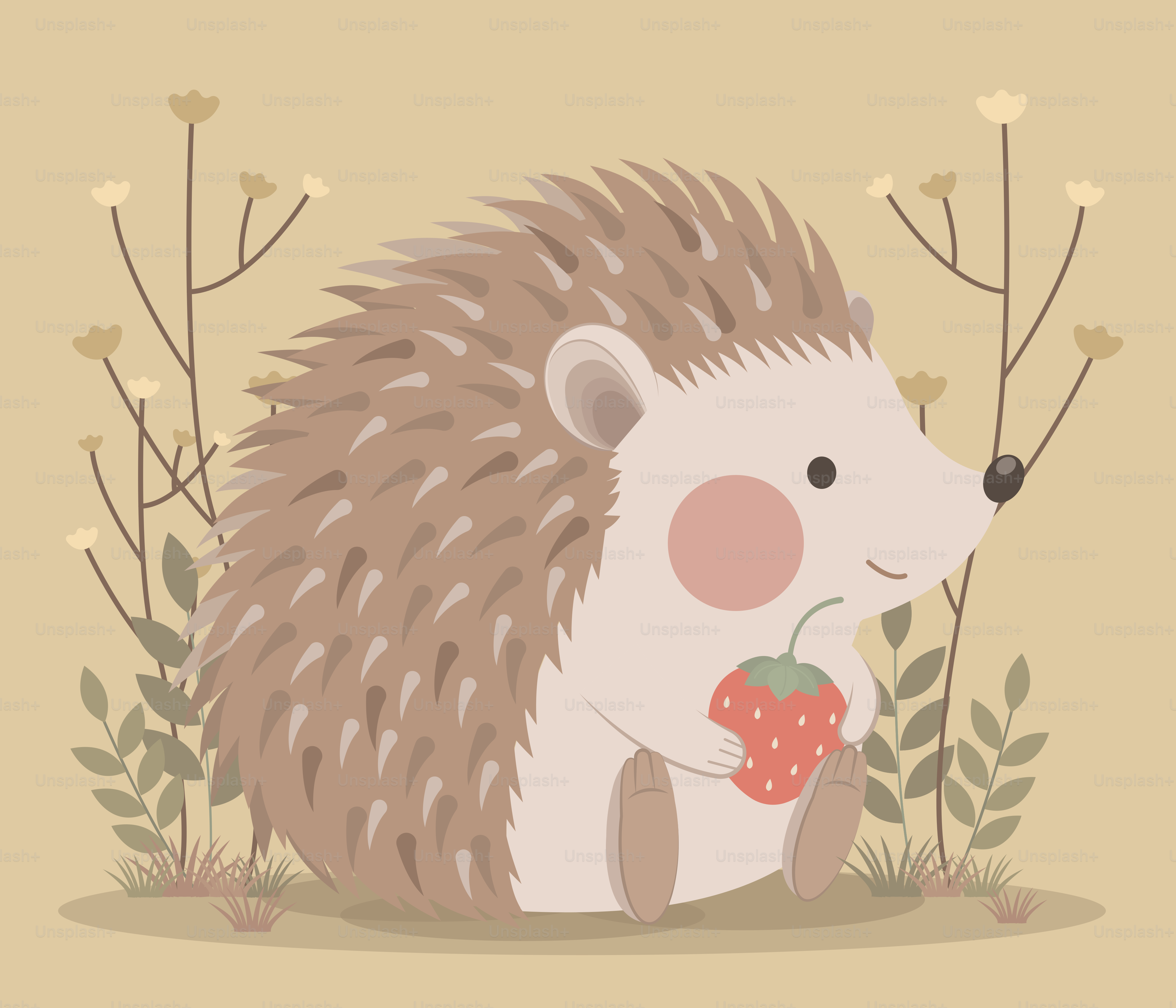 Ein süßer Igel hält eine Erdbeere.