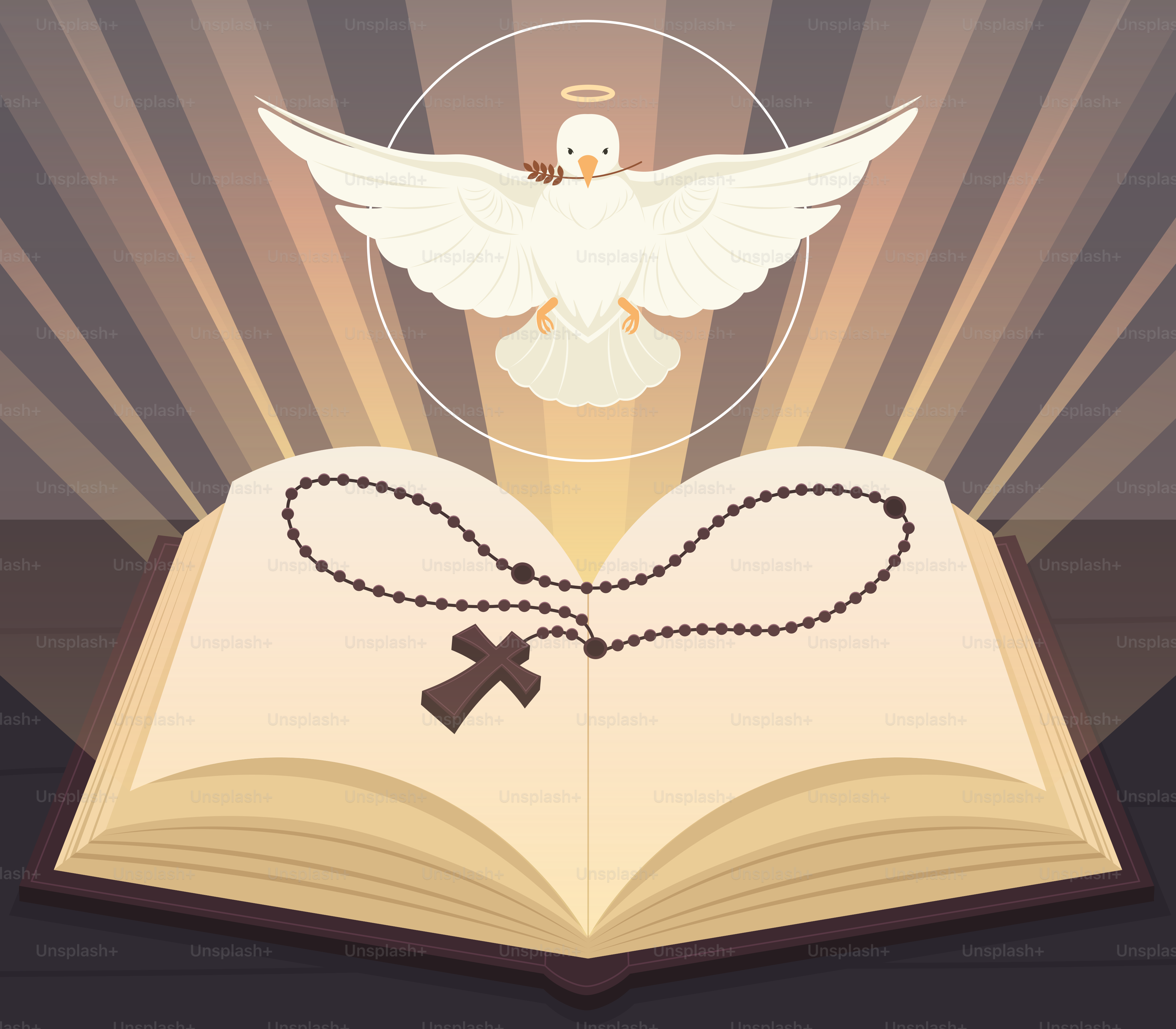 Holy spirit descends above a bible and rosary.