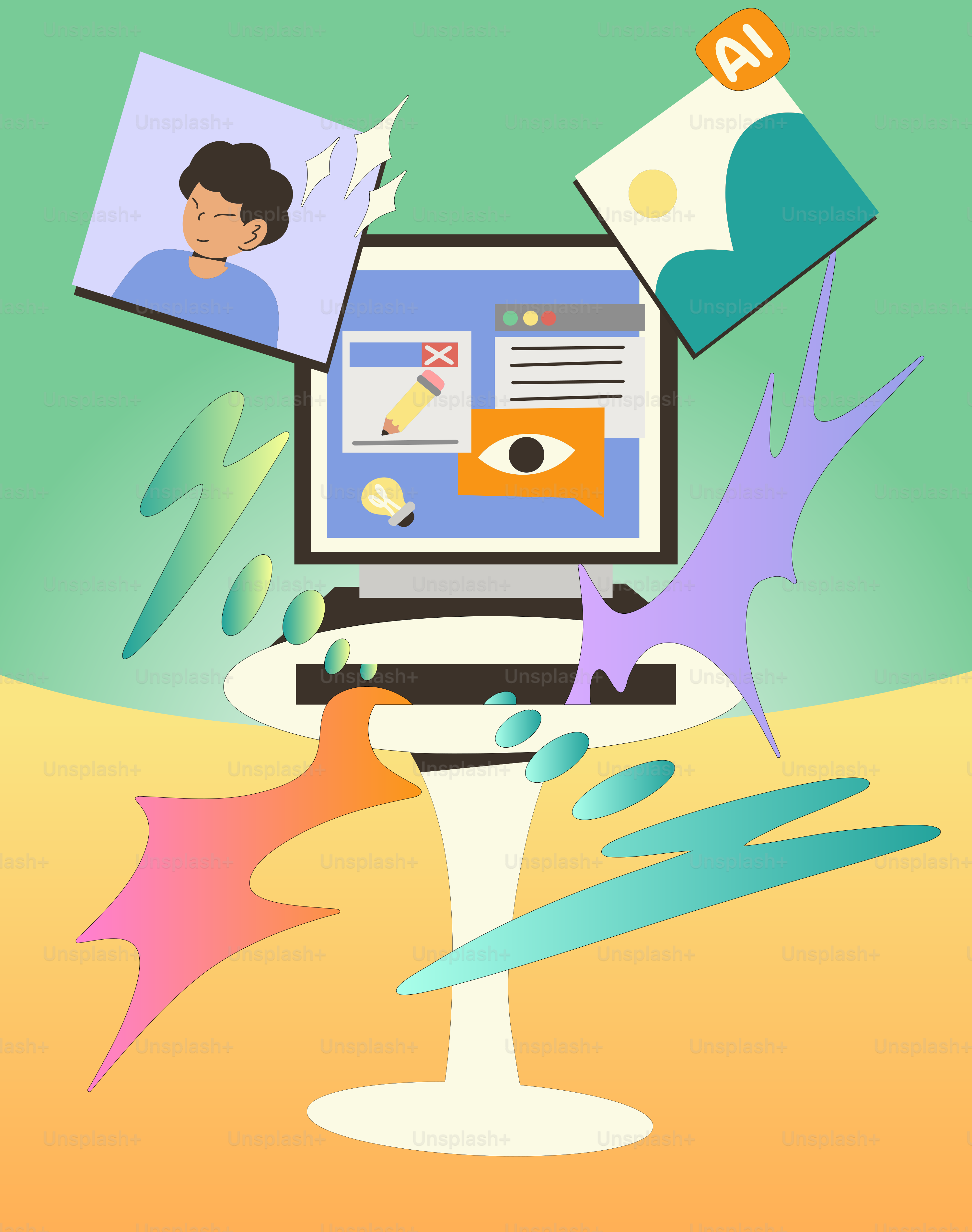 Creative design elements are shown on a computer.