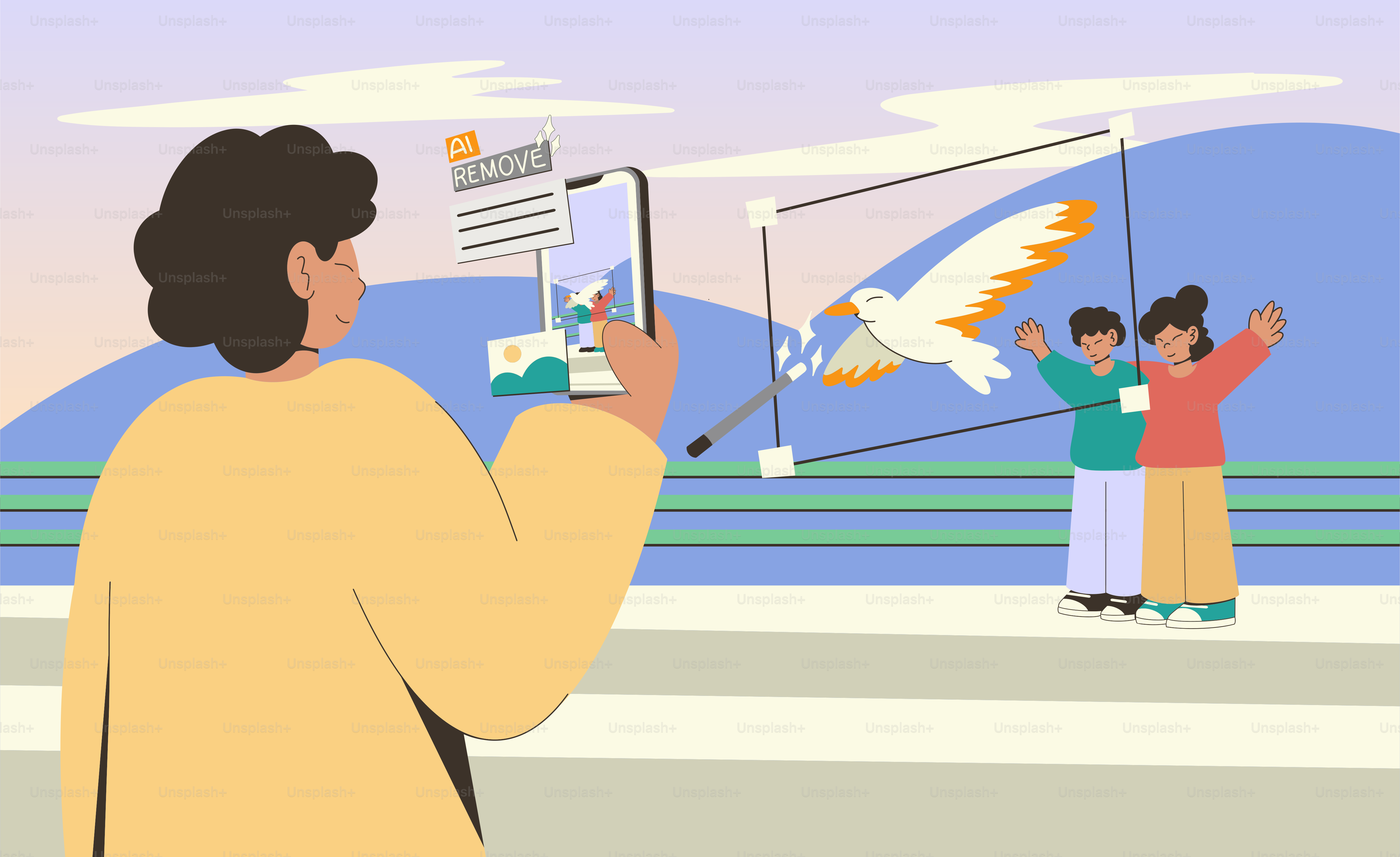 People taking a photo with augmented reality.