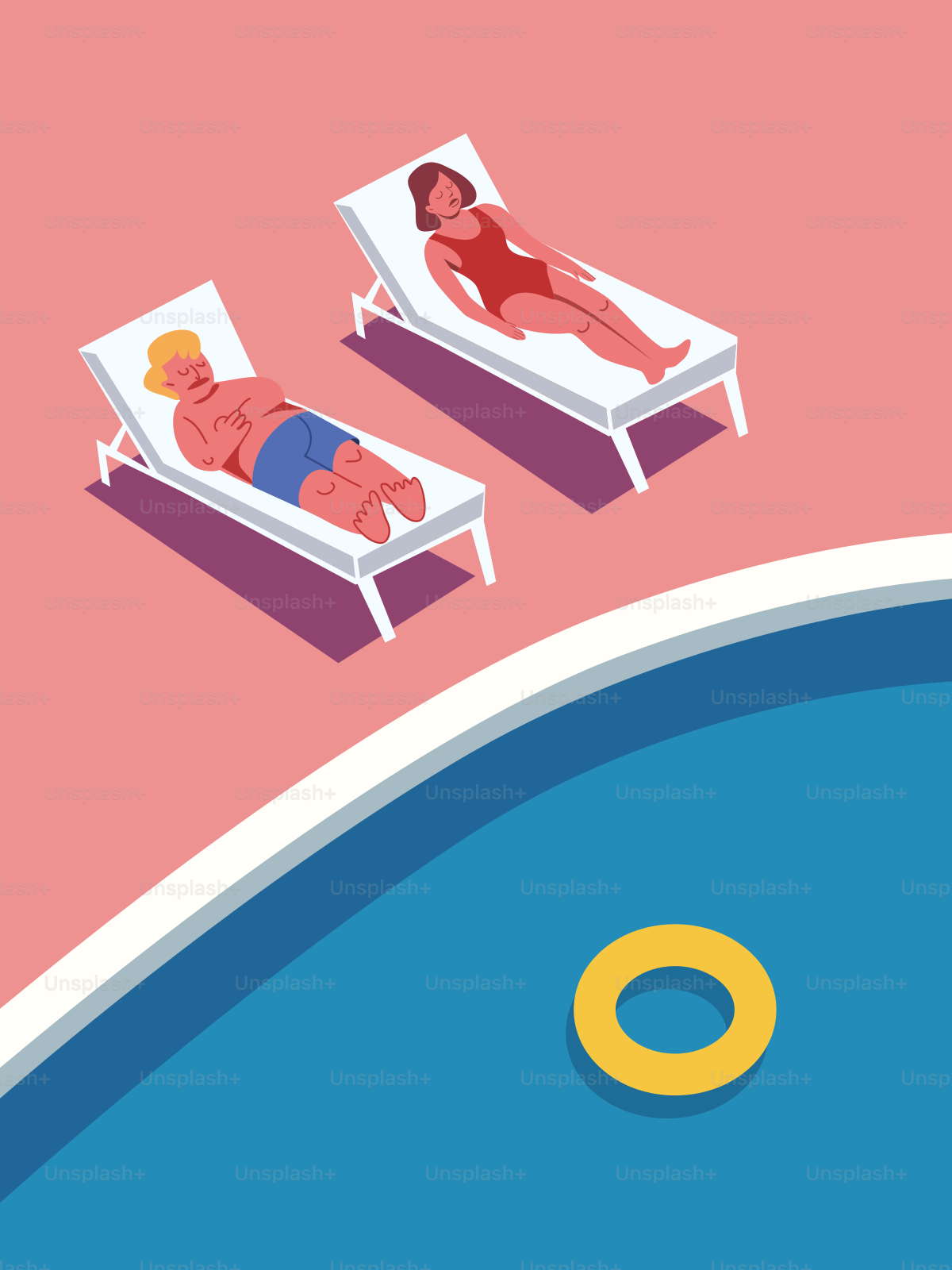 晴れた日にプールサイドでくつろぐ人々。