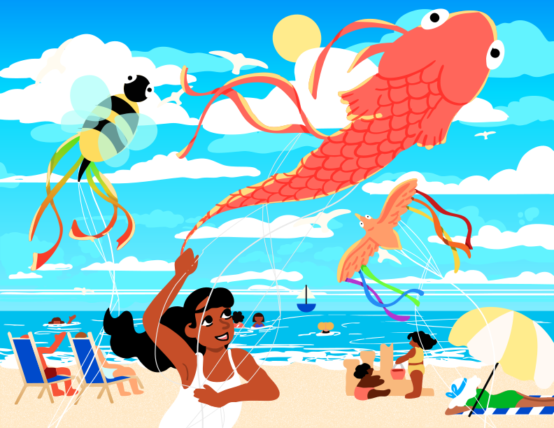 La gente está volando cometas en un día soleado de playa.