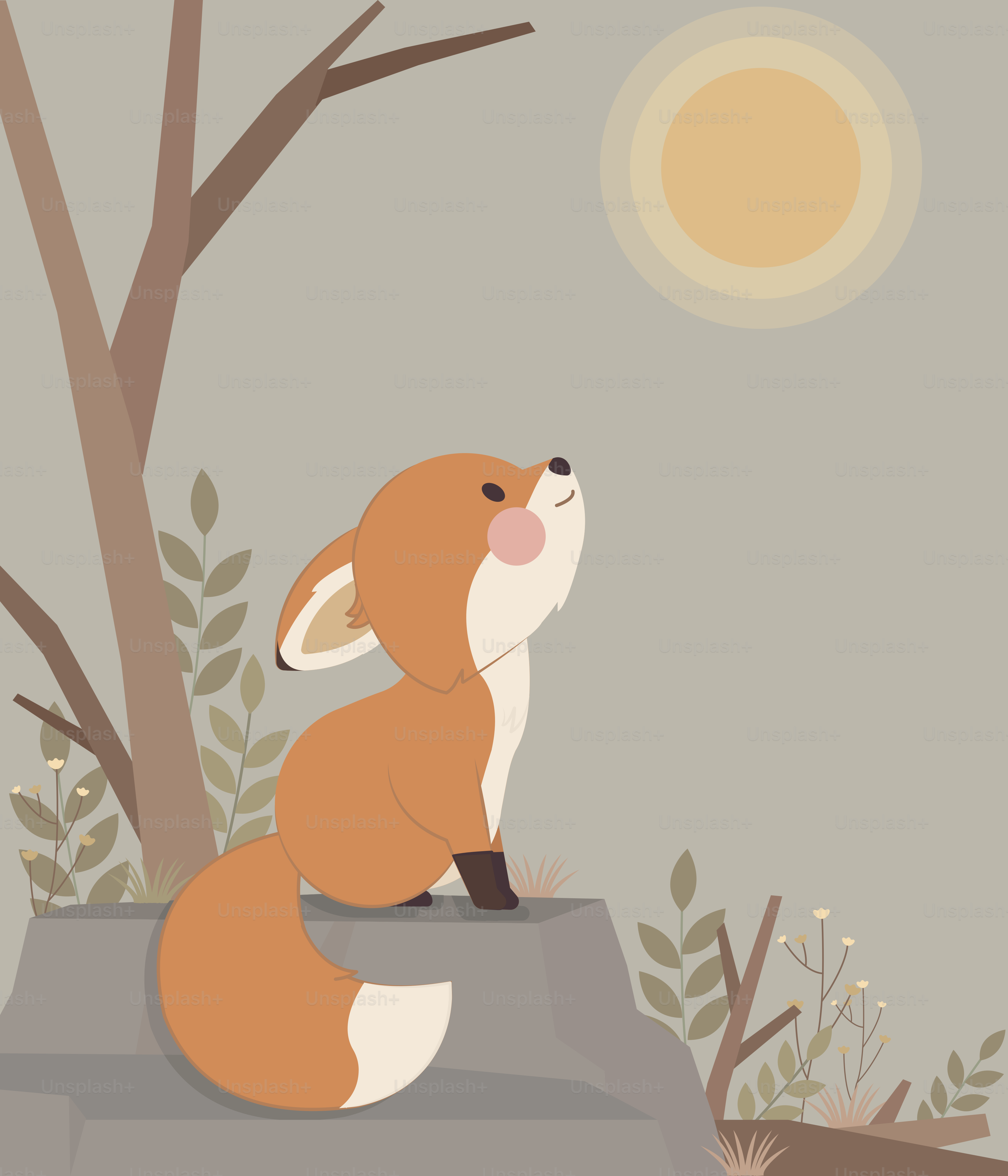 A happy fox gazes at the sun.