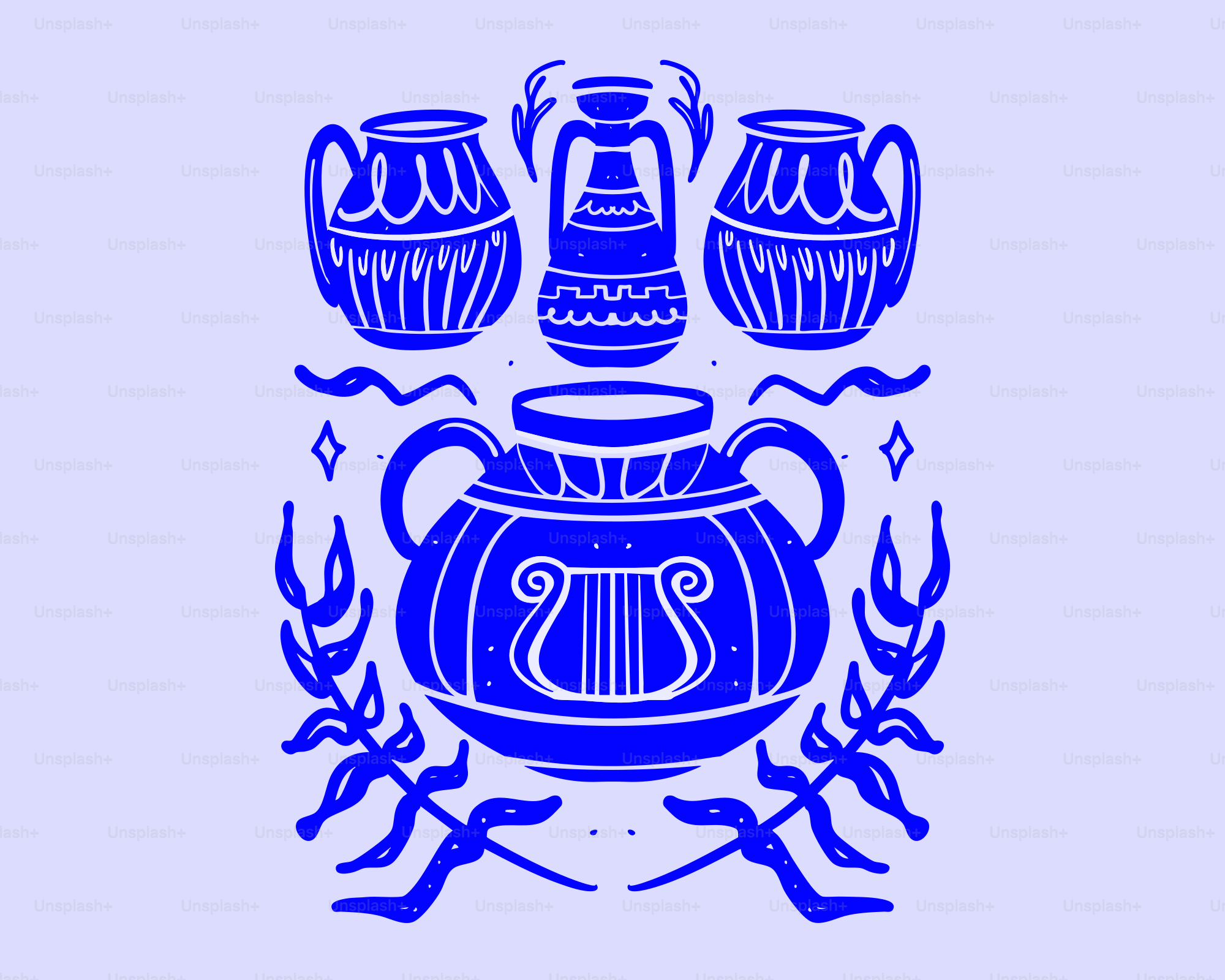 Blue pottery vases with ornate patterns decorate.