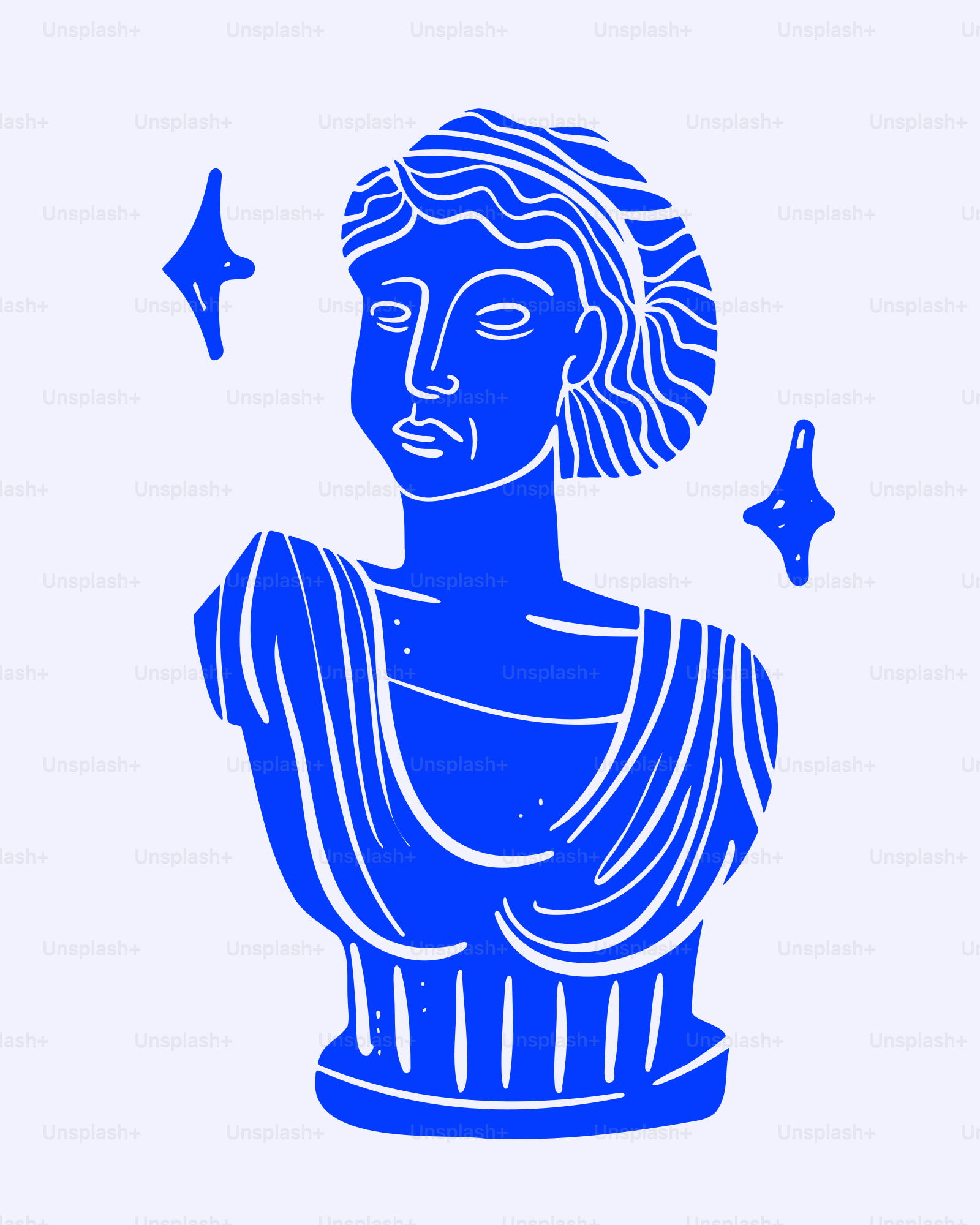 A blue statue of an ancient greek bust.