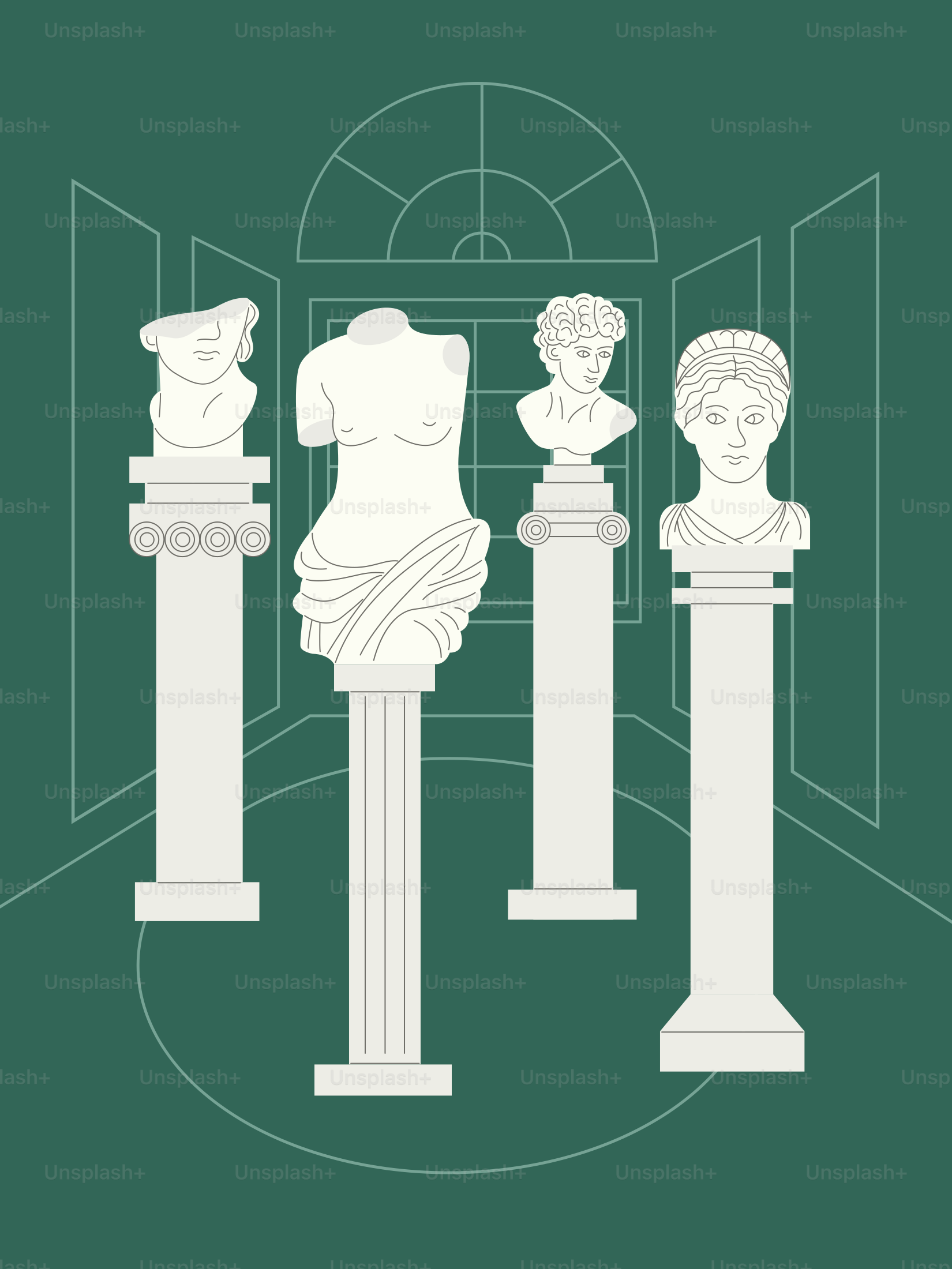 Classical sculptures are displayed in a museum.