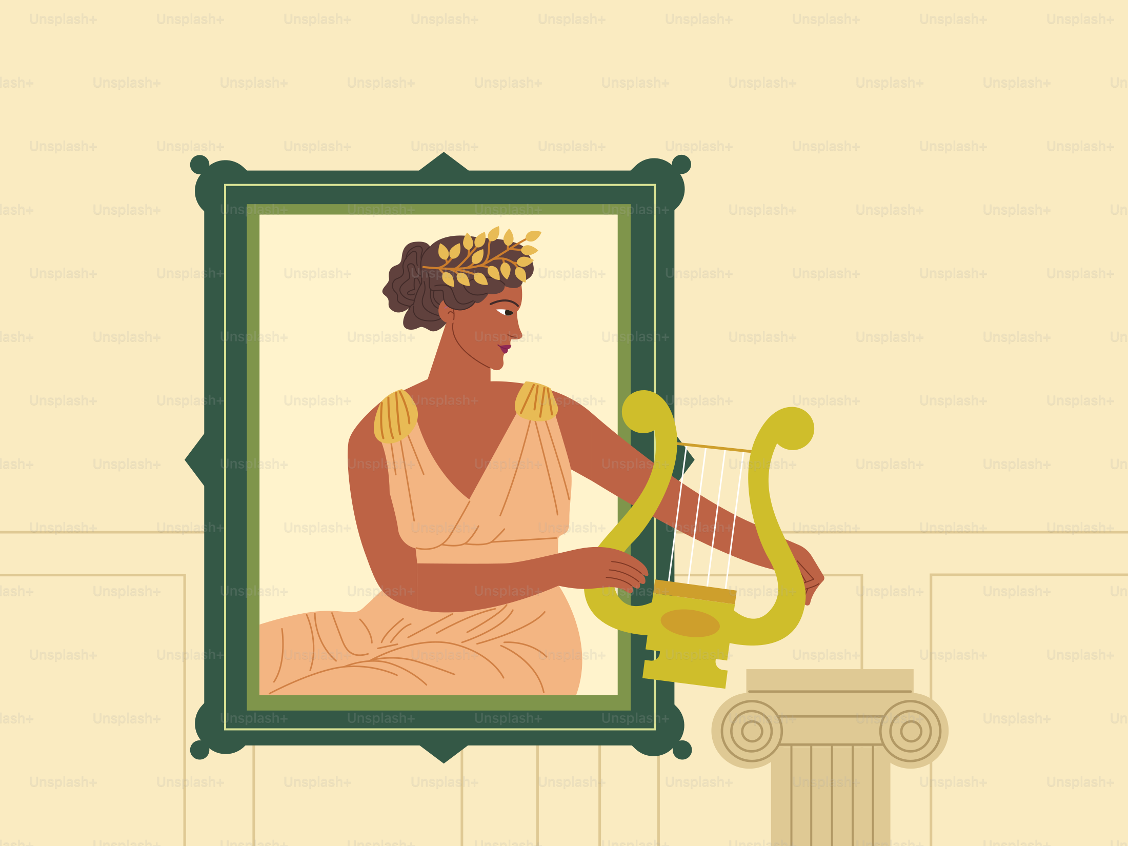 A greek goddess plays a lyre in a portrait.