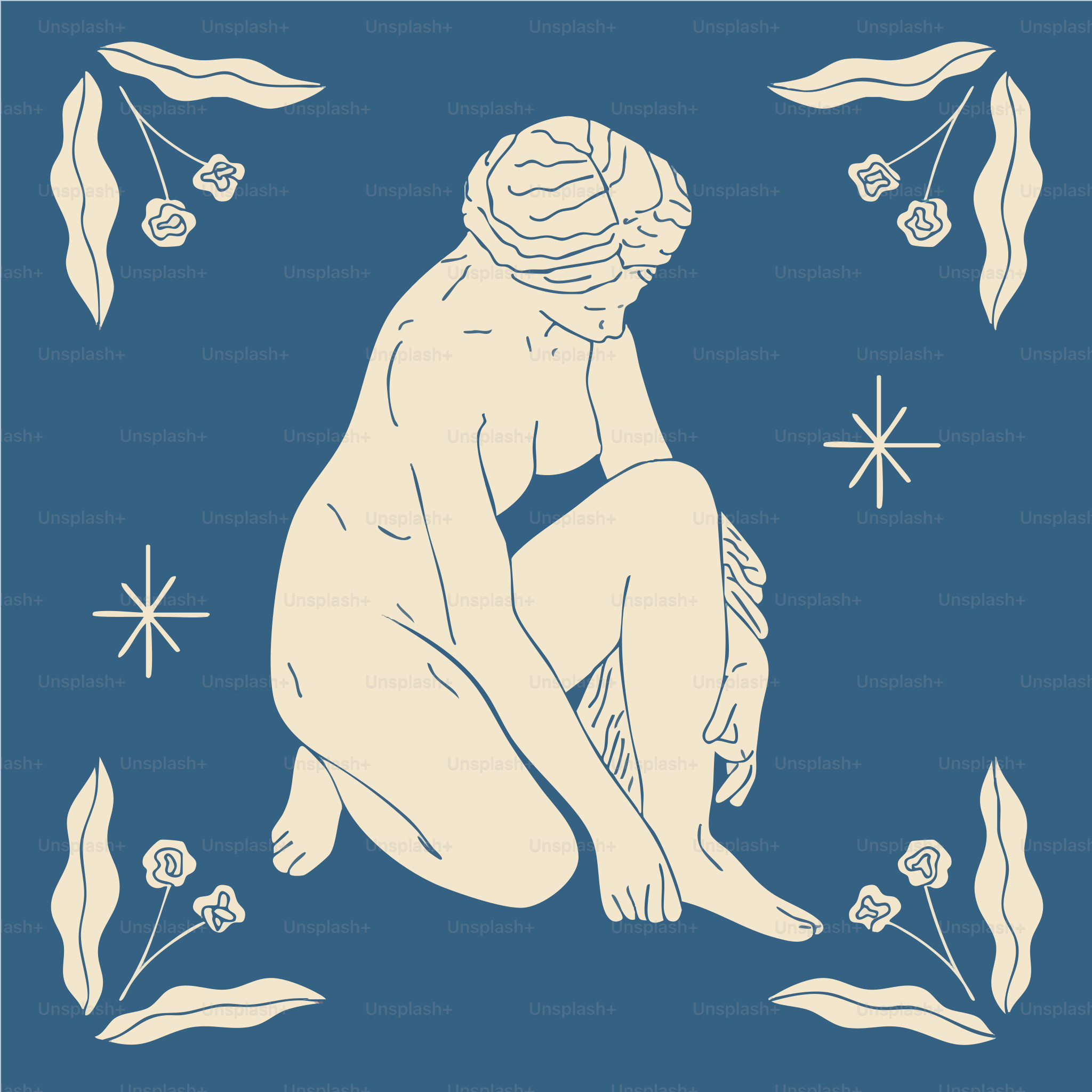 A nude sculpture sits within a decorative border.