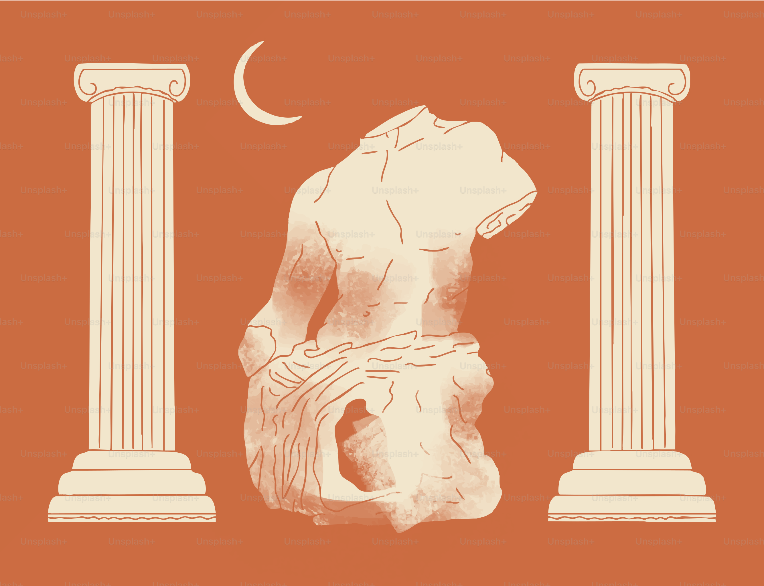 Greek statue between columns with a crescent moon.