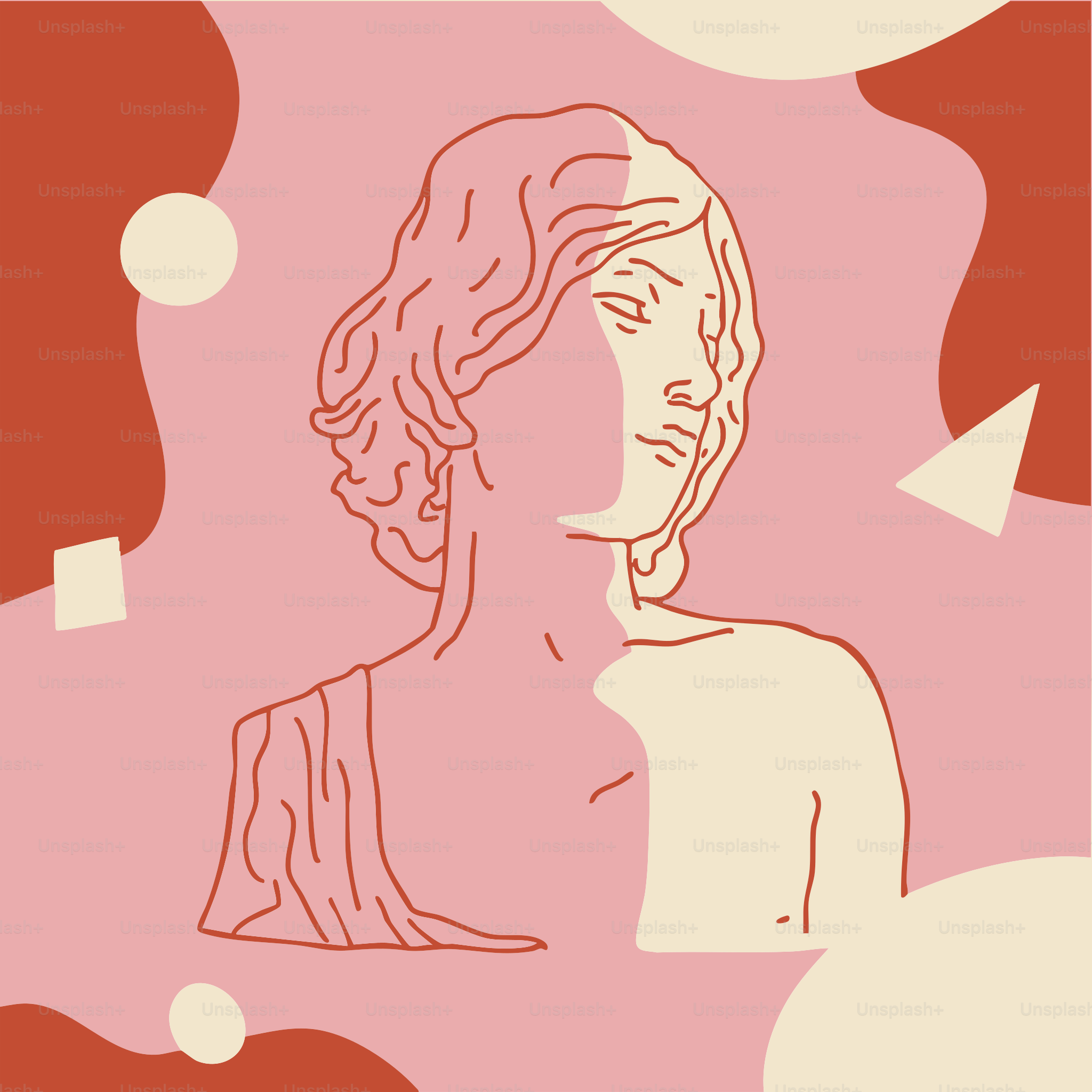 Line art of a statue over abstract shapes.