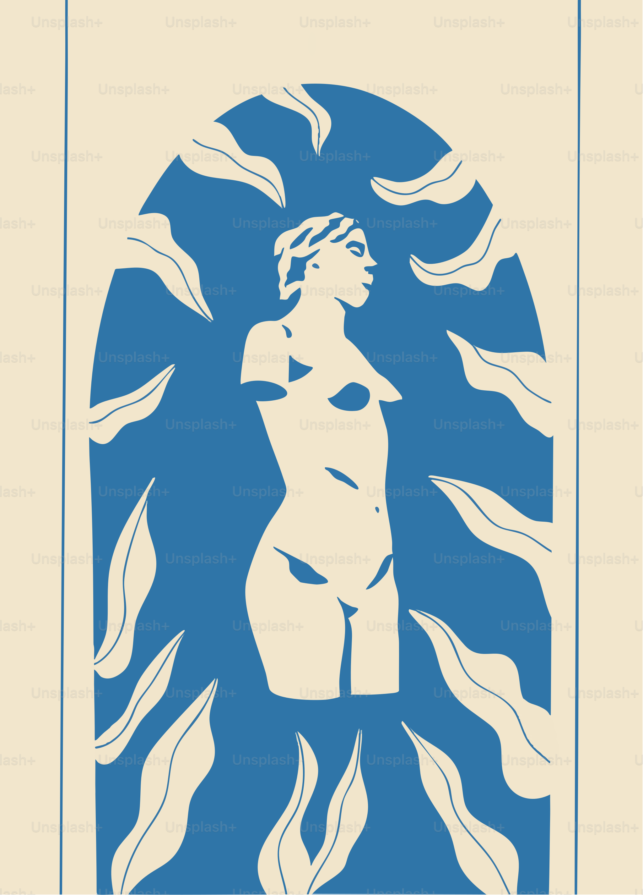 Une sculpture se dresse dans une arche bleue et feuillue.