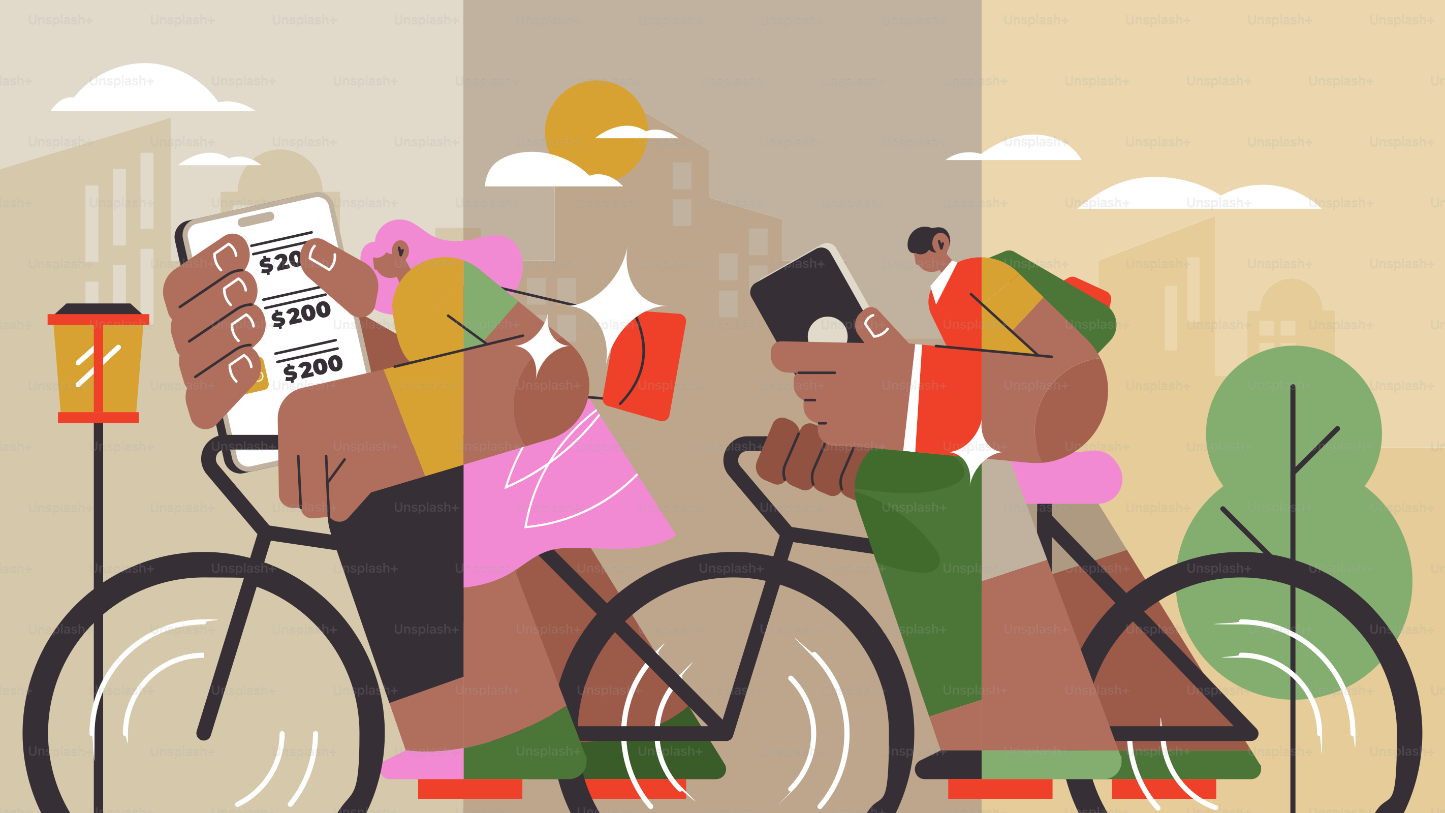 Les gens font du vélo tout en regardant leur téléphone.