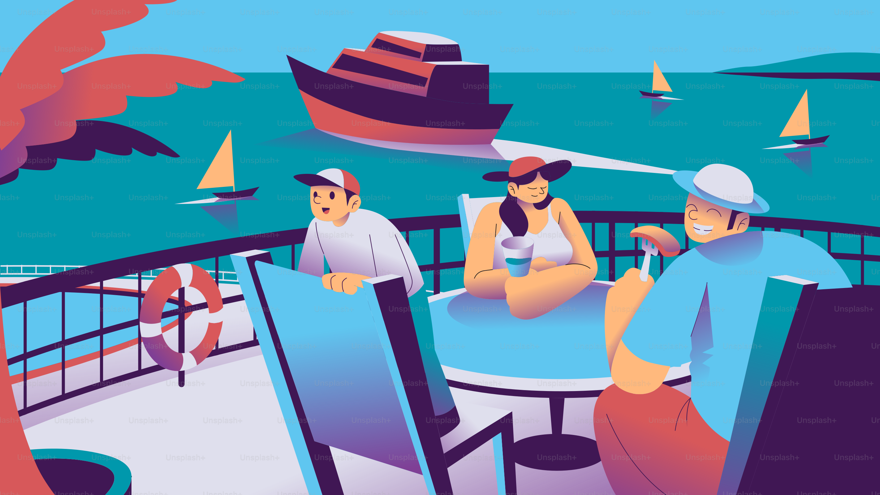 People are relaxing on the deck of a cruise ship.