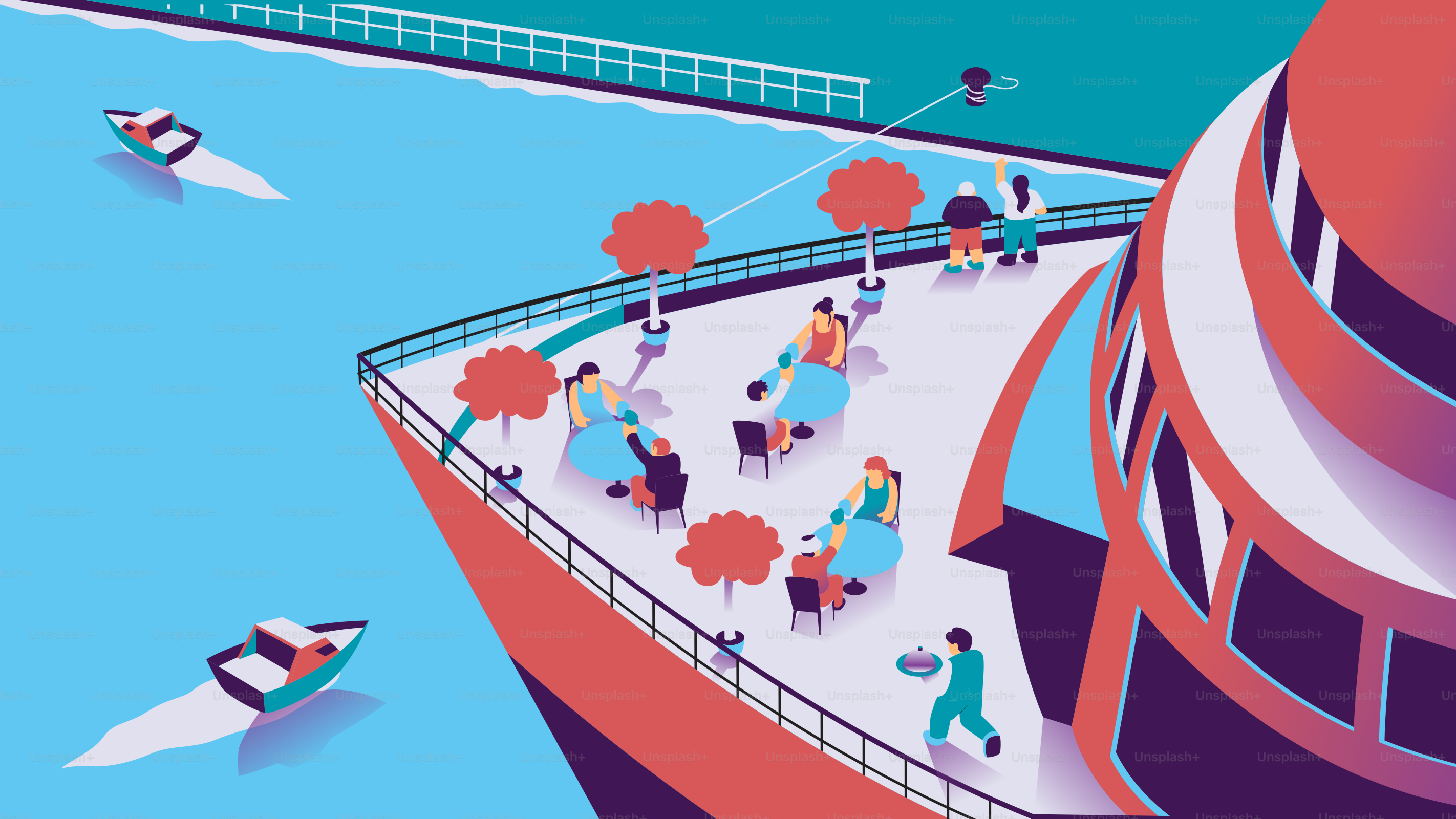 Les gens dînent sur un pont de bateau, profitant de l’eau