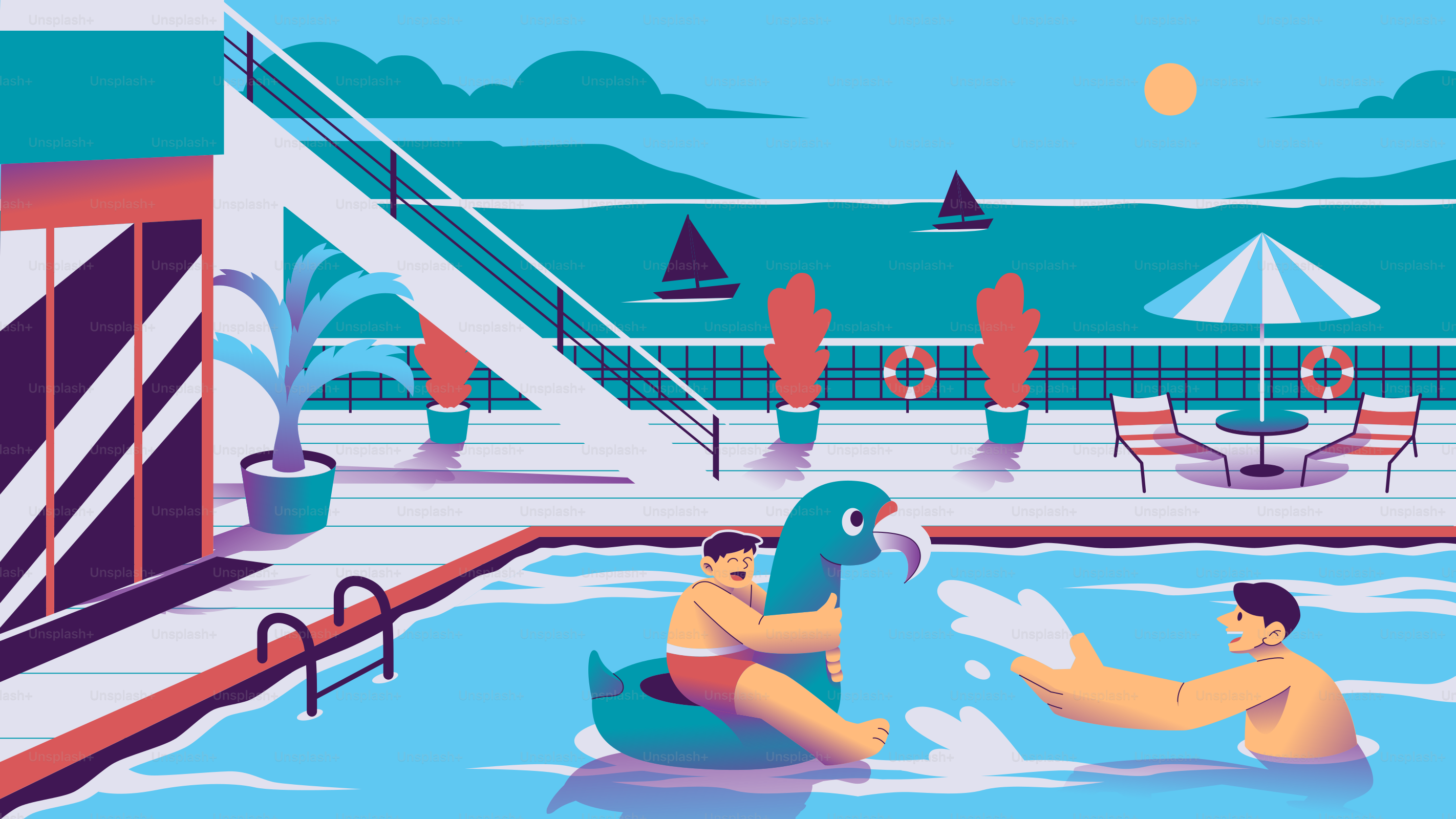 People enjoying fun activities in a pool on a sunny day.