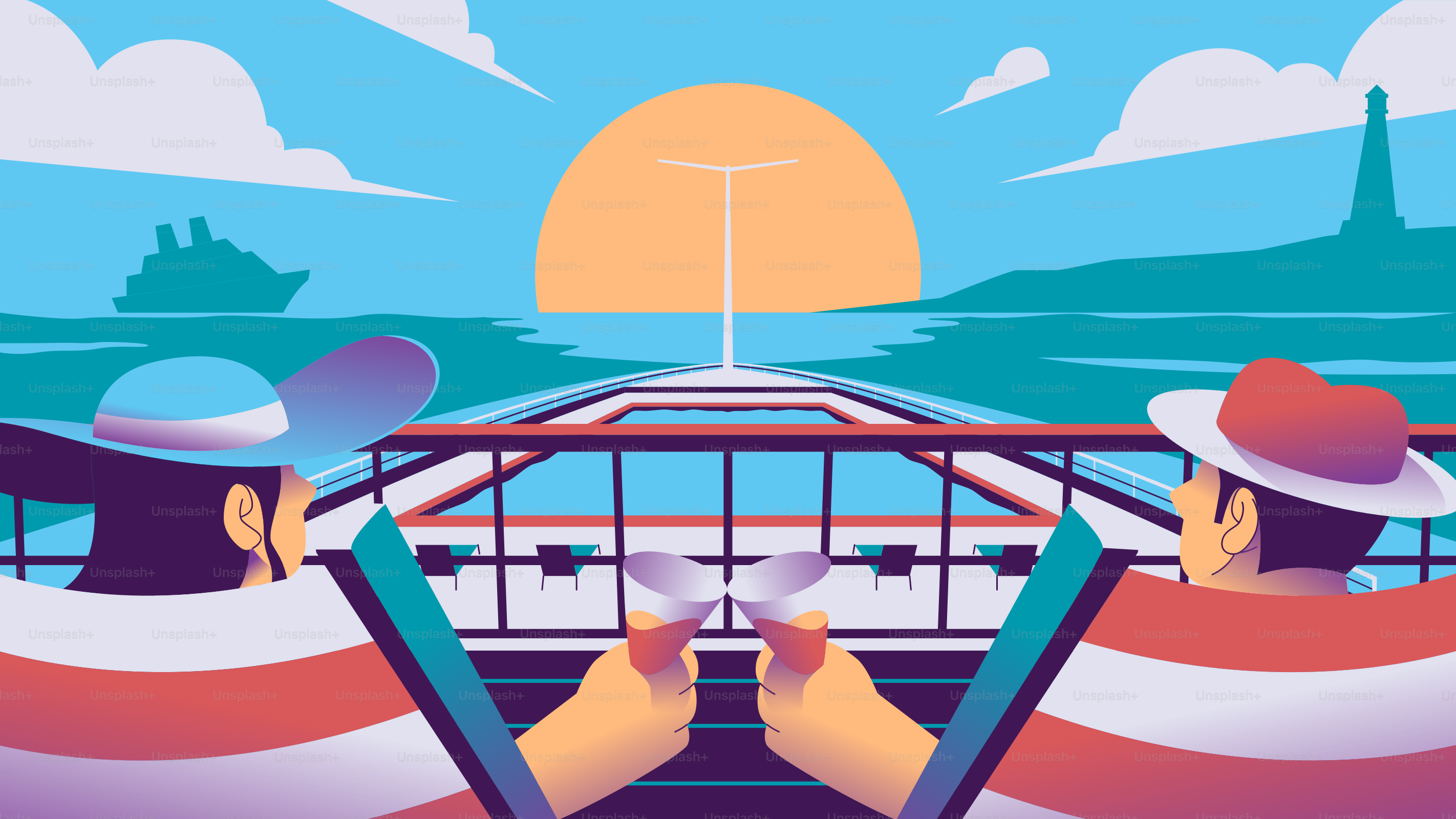 Couple relaxing on a ship enjoying drinks during sunset.