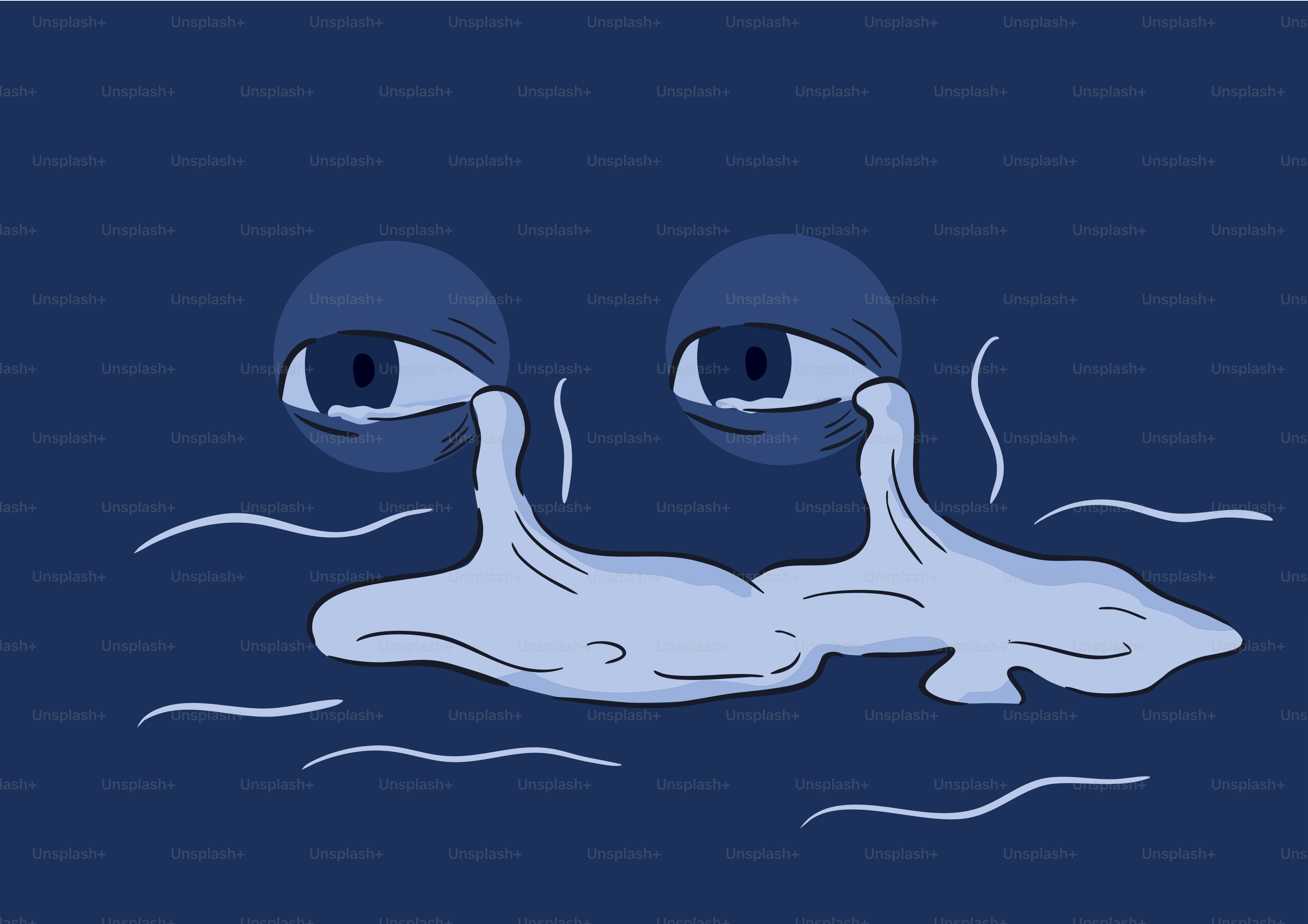 Two eyes and teary ooze against blue.