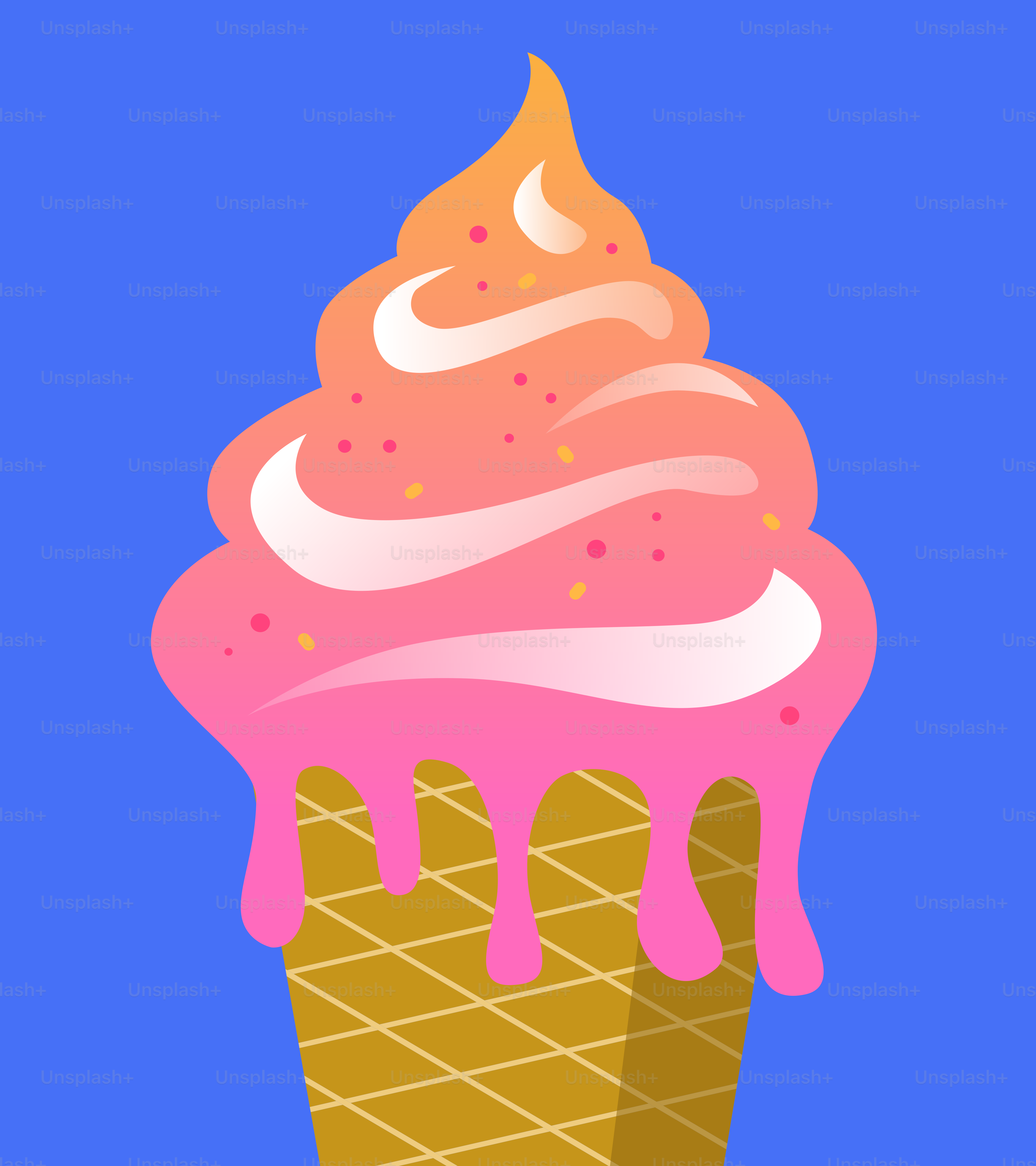 Yummy strawberry ice cream cone on blue.