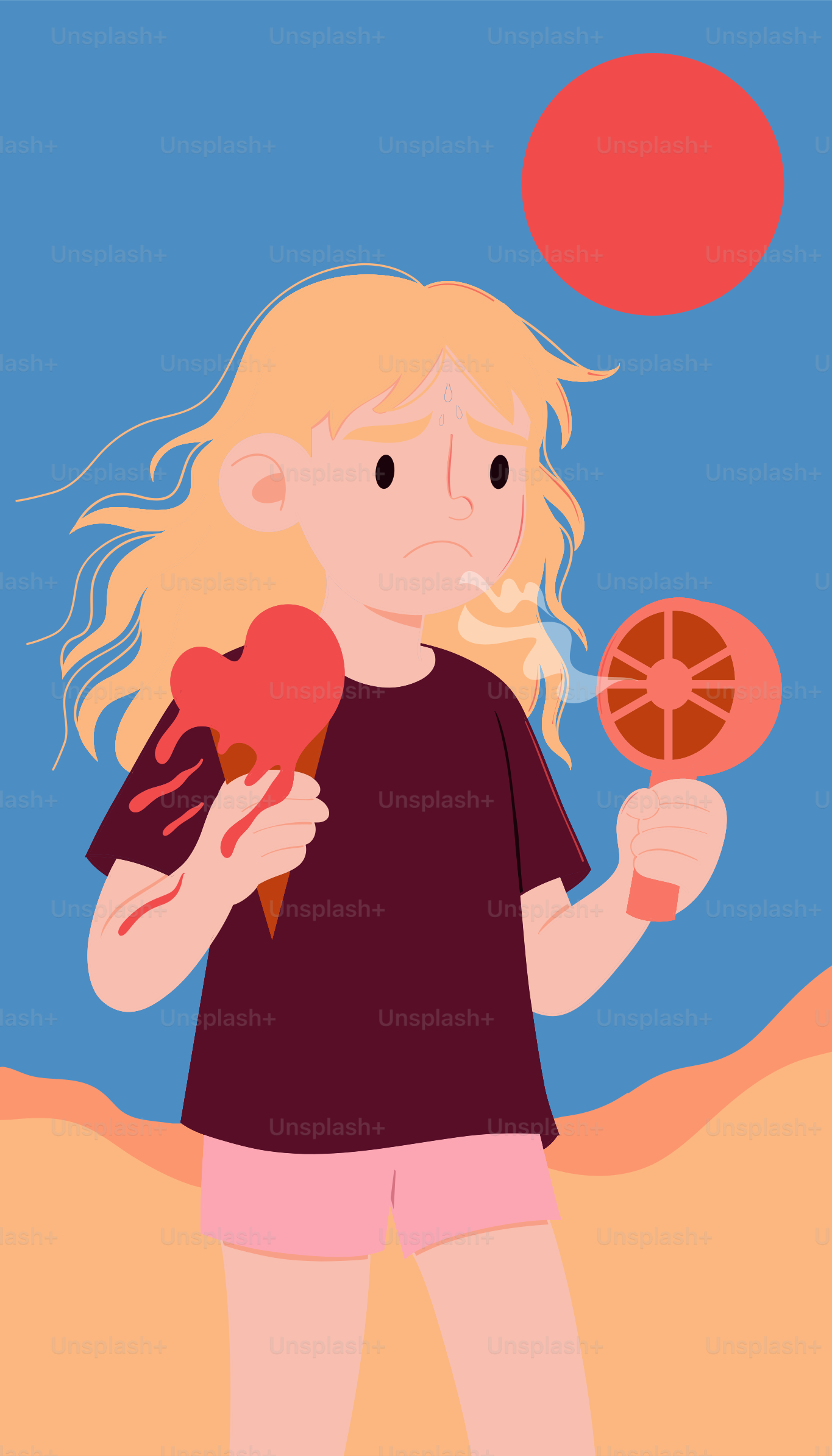 Girl struggles with the heat, holding ice cream.