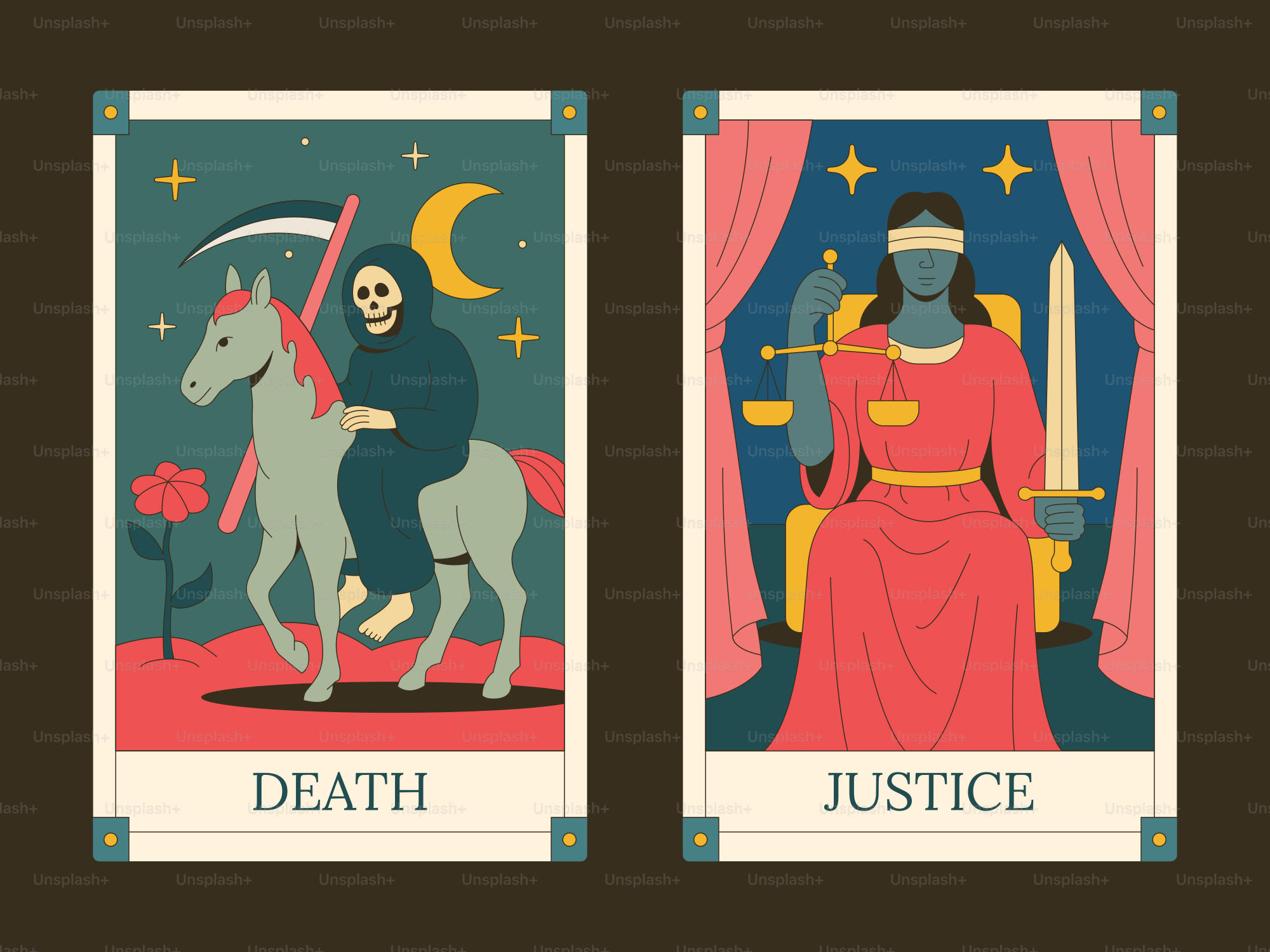 Le carte dei tarocchi raffigurano la morte e la giustizia.