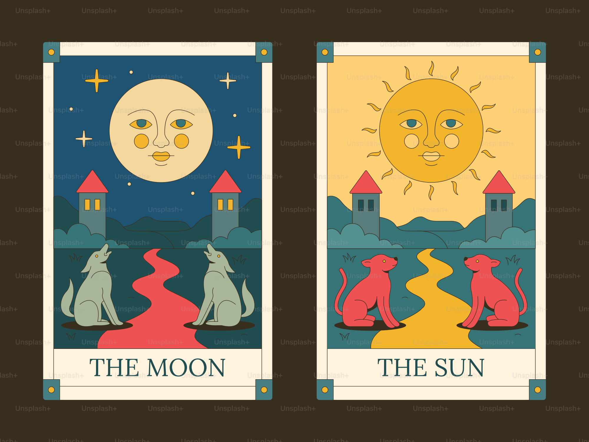 Tarot cards depict the moon and the sun.