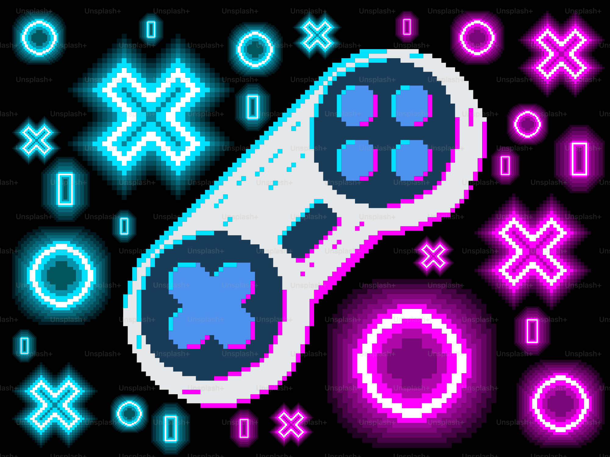 Mando gaming con elementos azul neón y rosa.