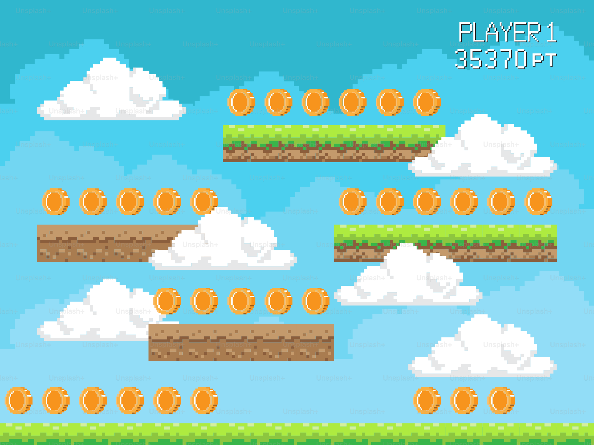 A pixelated game scene with coins and platforms.