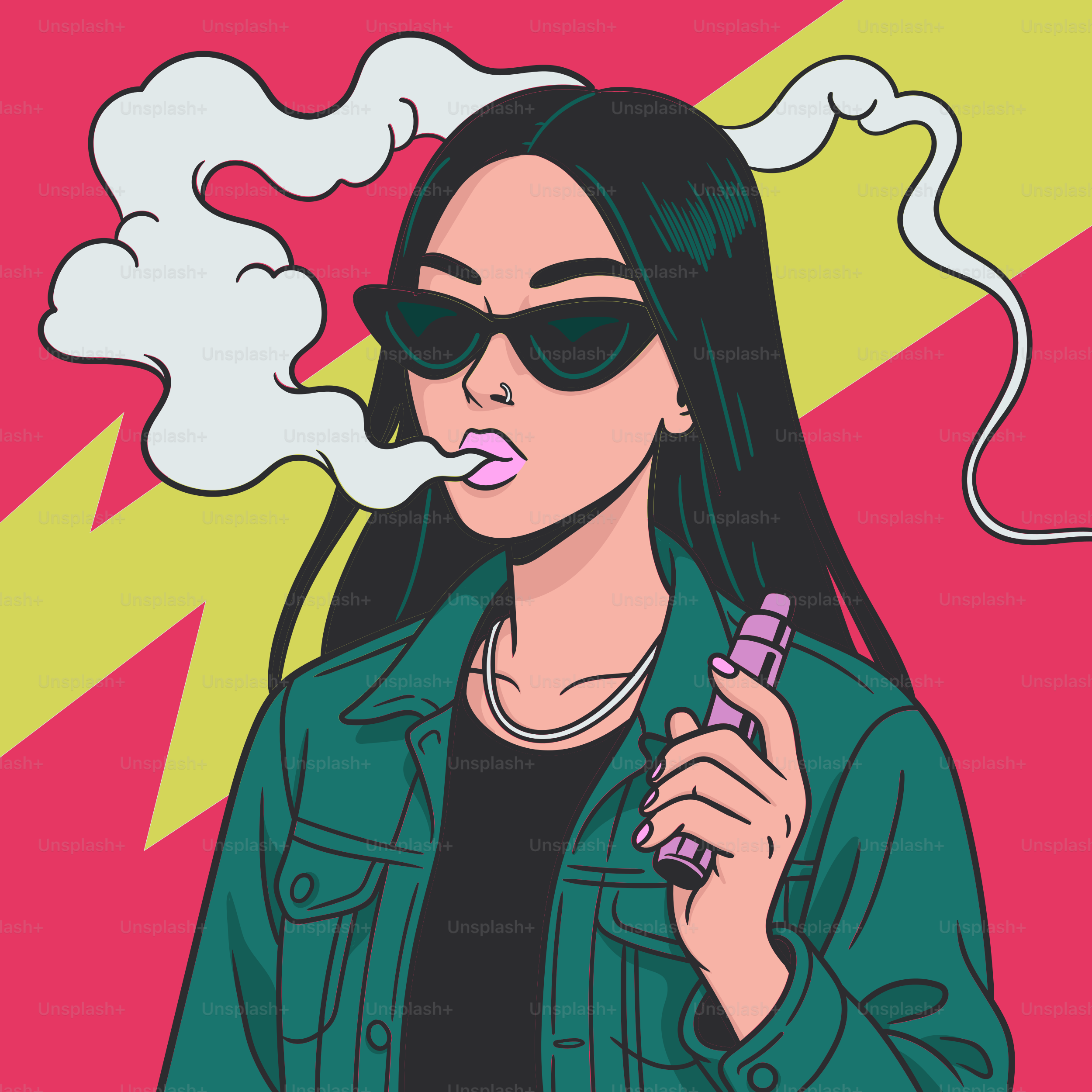 A woman vapes, blowing smoke.
