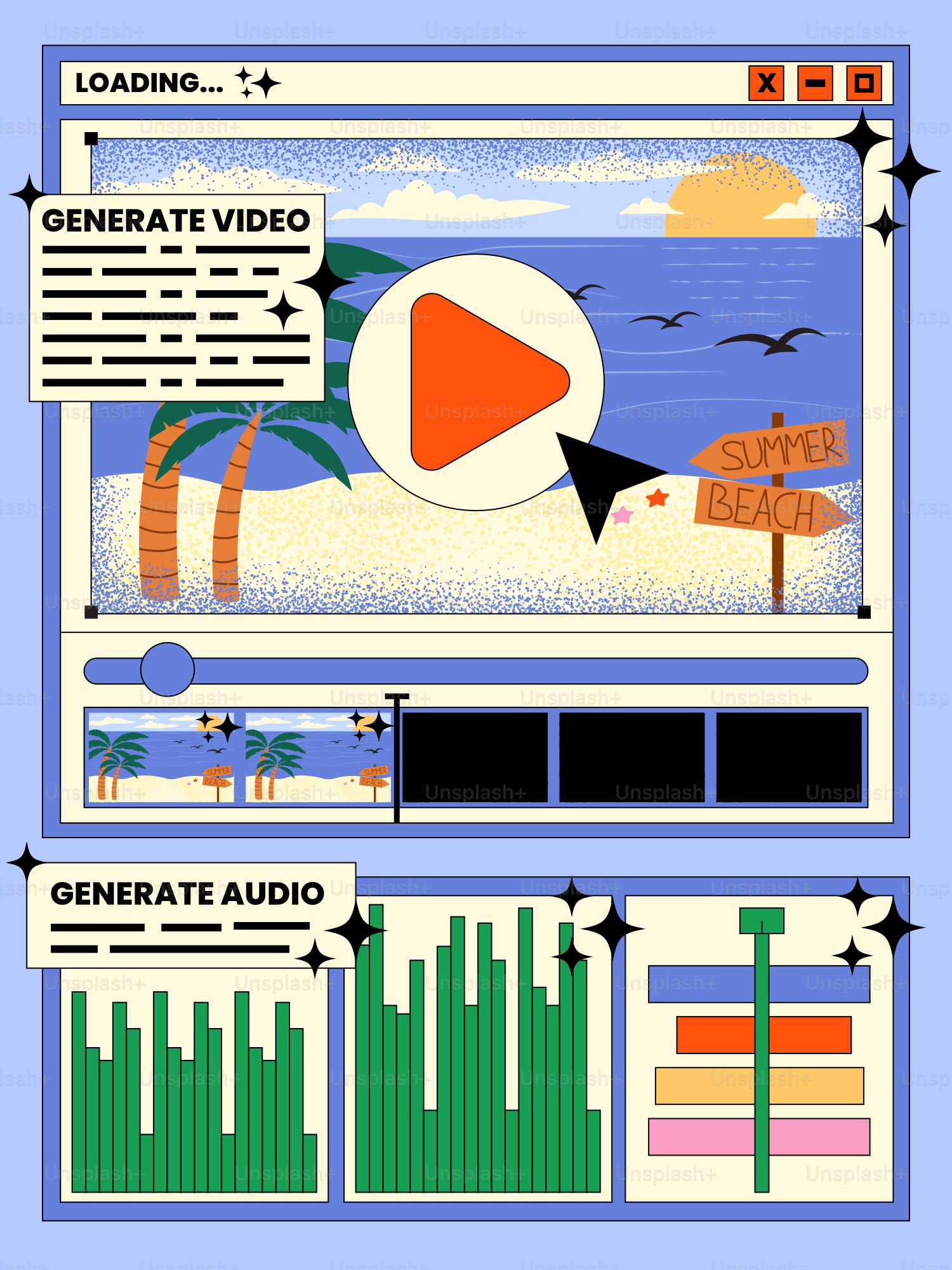 A video editing software shows a summer beach scene.