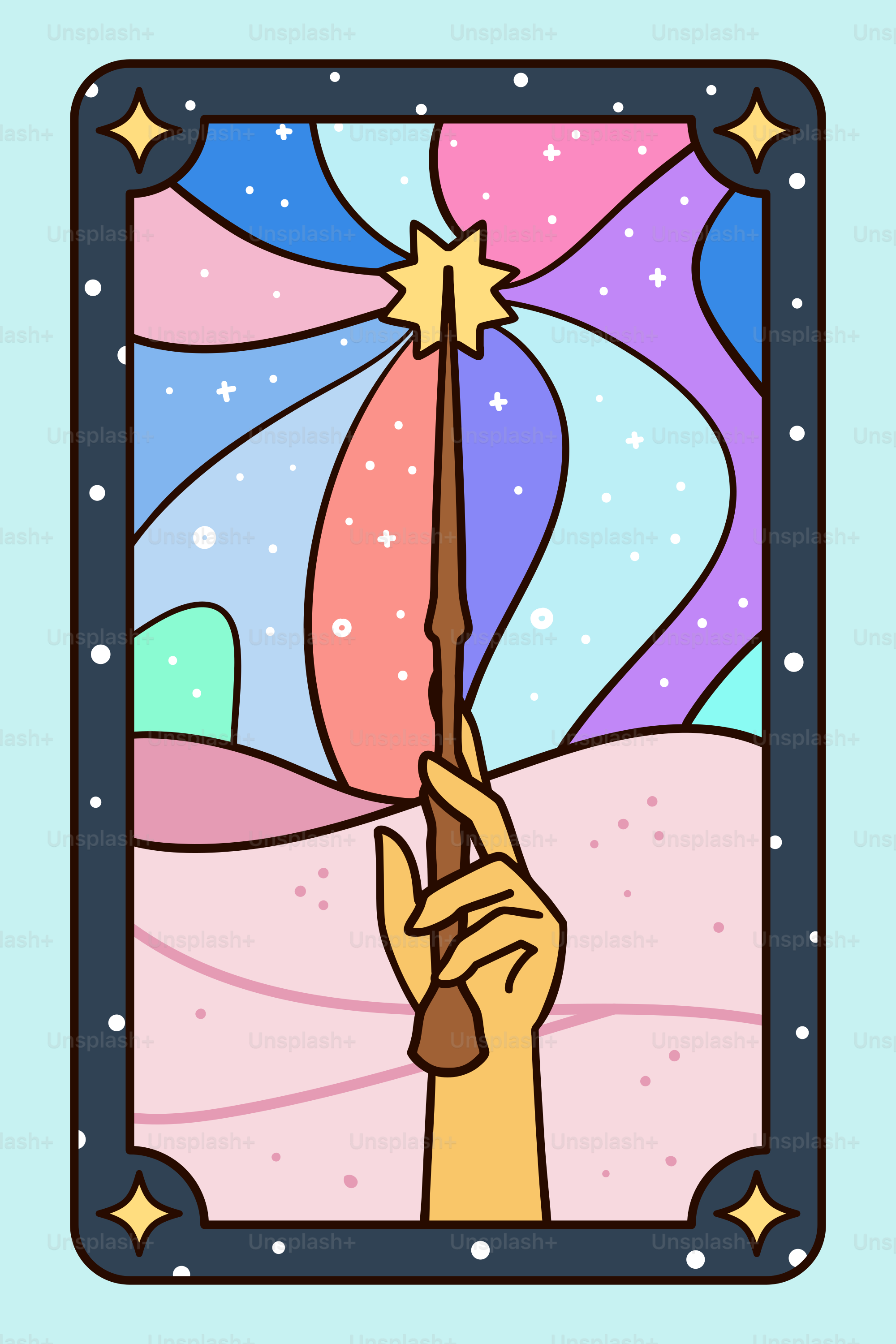 A hand holds a glowing wand against a colorful sky.