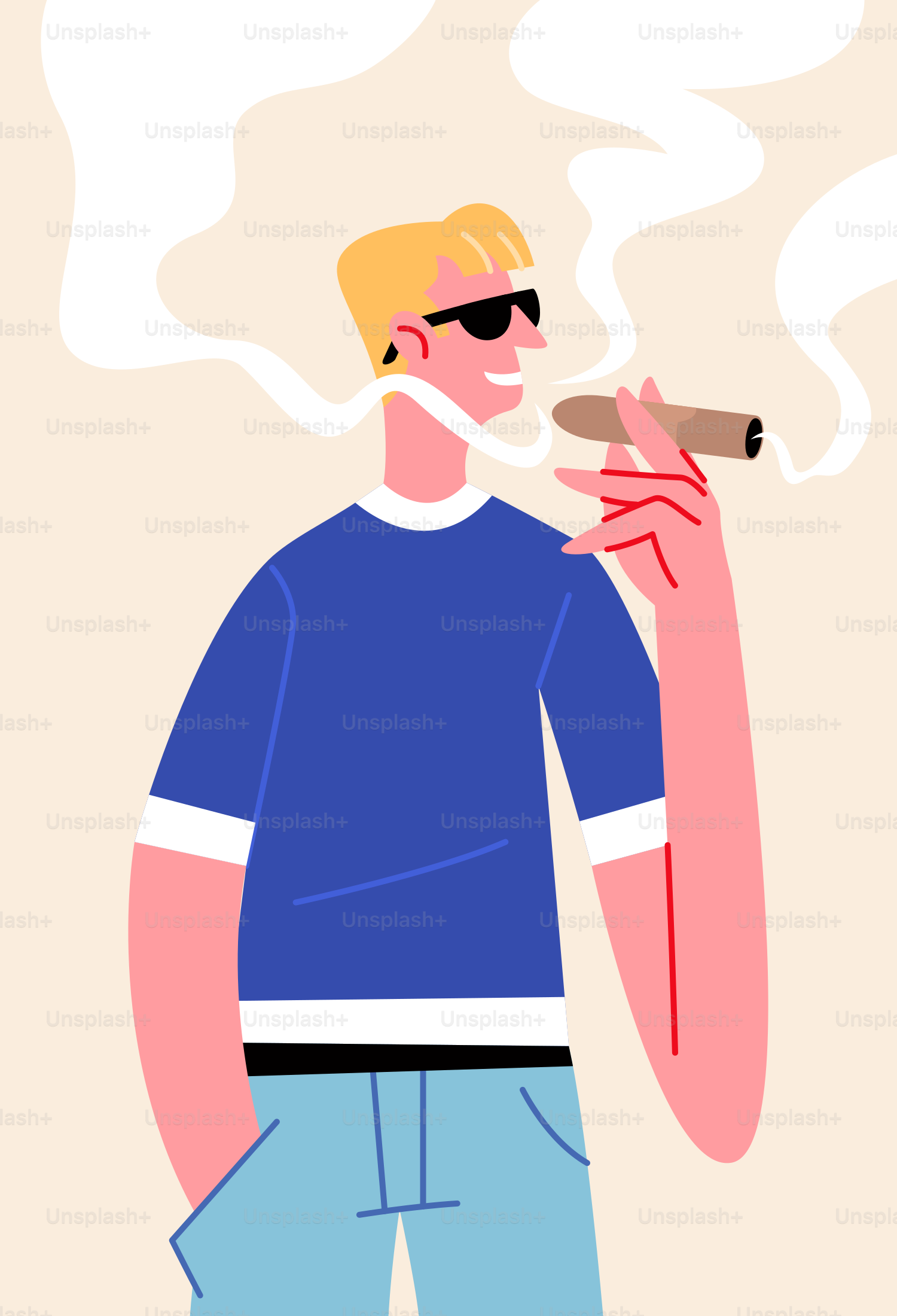 A man smokes a cigar with sunglasses.